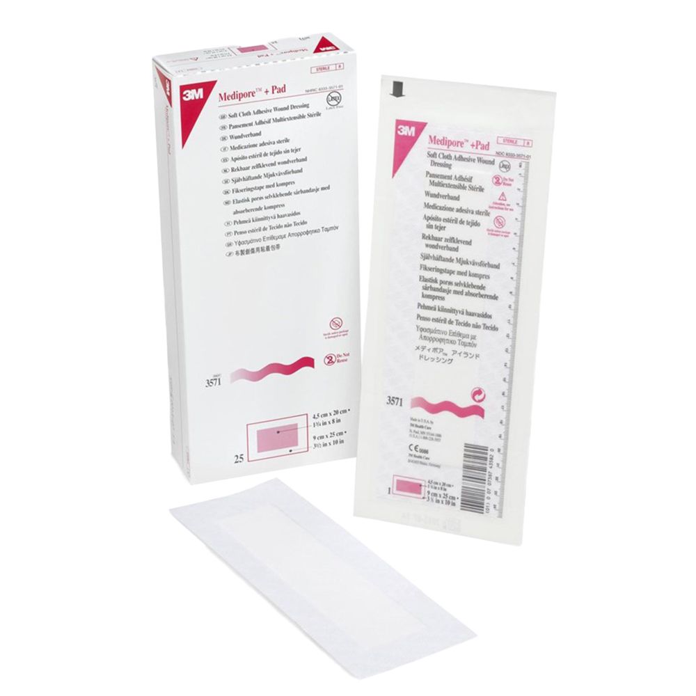 3M™ Medipore™ +Pad Soft Cloth Adhesive Wound Dressing, 3 1/2" x 10", Pad Size 1 3/4" x 8"