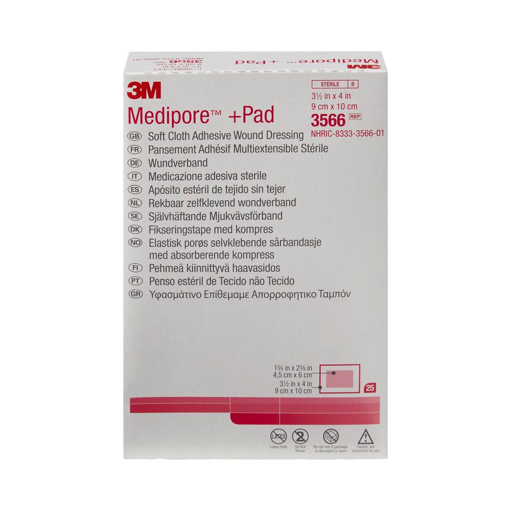 3M™ Medipore™ +Pad Soft Cloth Adhesive Wound Dressing, 3 1/2" x 4", Pad Size 1 3/4" x 2 3/8"