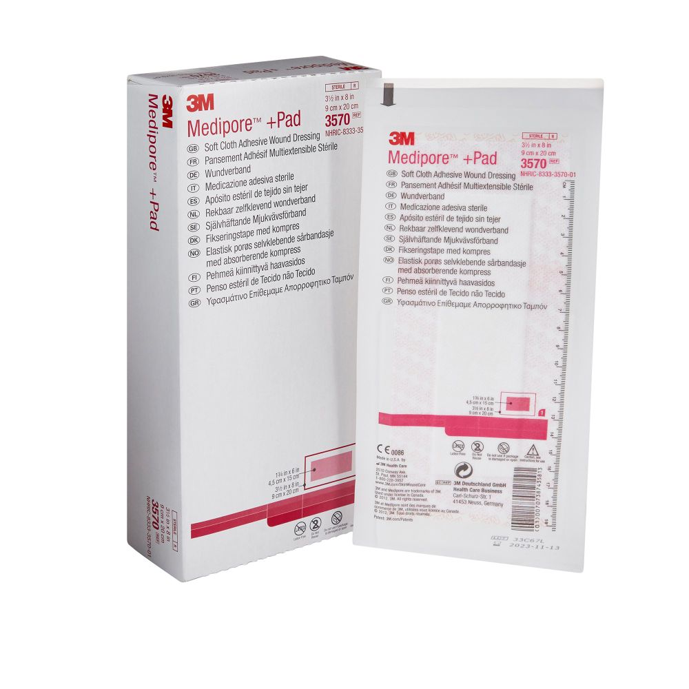 3M™ Medipore™ + Pad Soft Cloth Adhesive Wound Dressing, 3 1/2" x 8", Pad 1 3/4" x 6"