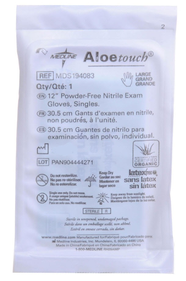 AloeTouch 12" Powder-Free Nitrile Exam Gloves, Sterile Pairs, Size L