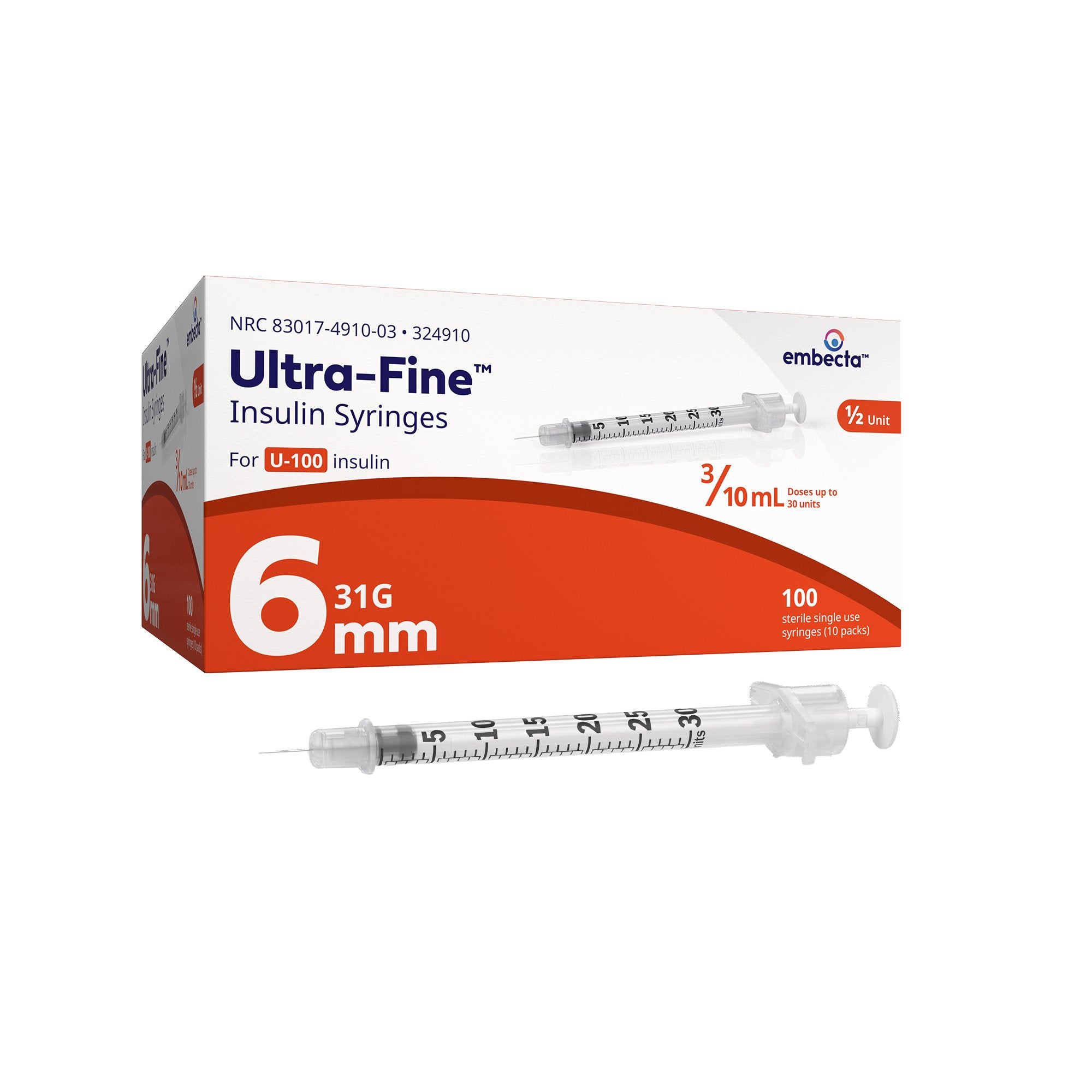 BD™ Ultra-Fine™ 6mm Needle Insulin Syringe, 3/10 cc, 31 G x 6 mm
