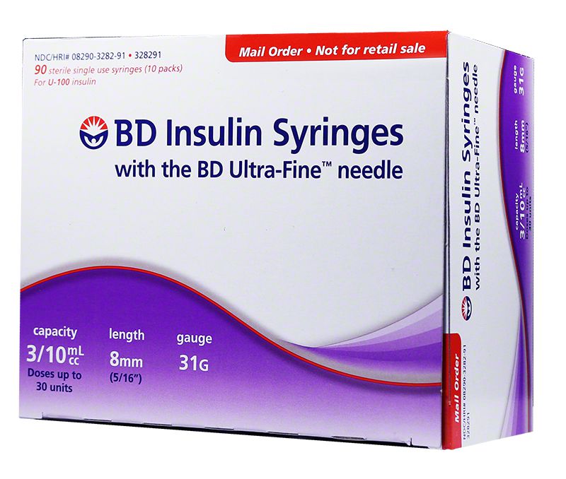 BD™ Ultra-Fine™ Short Needle Insulin Syringe, 3/10 cc, 31 G x 8 mm 90/bx