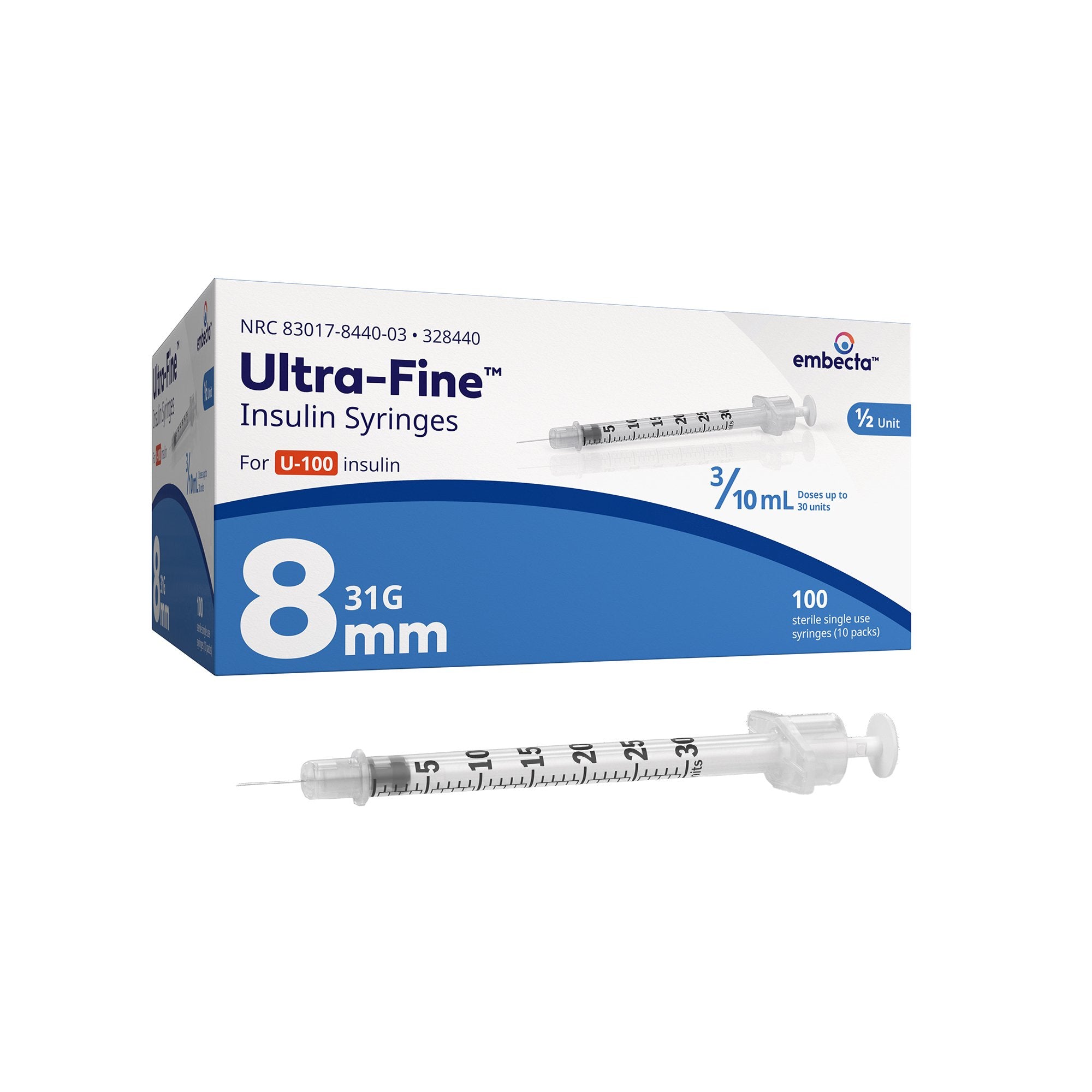 BD™ Ultra-Fine™ Short Needle Insulin Syringe, 3/10 cc, 31 G x 8 mm