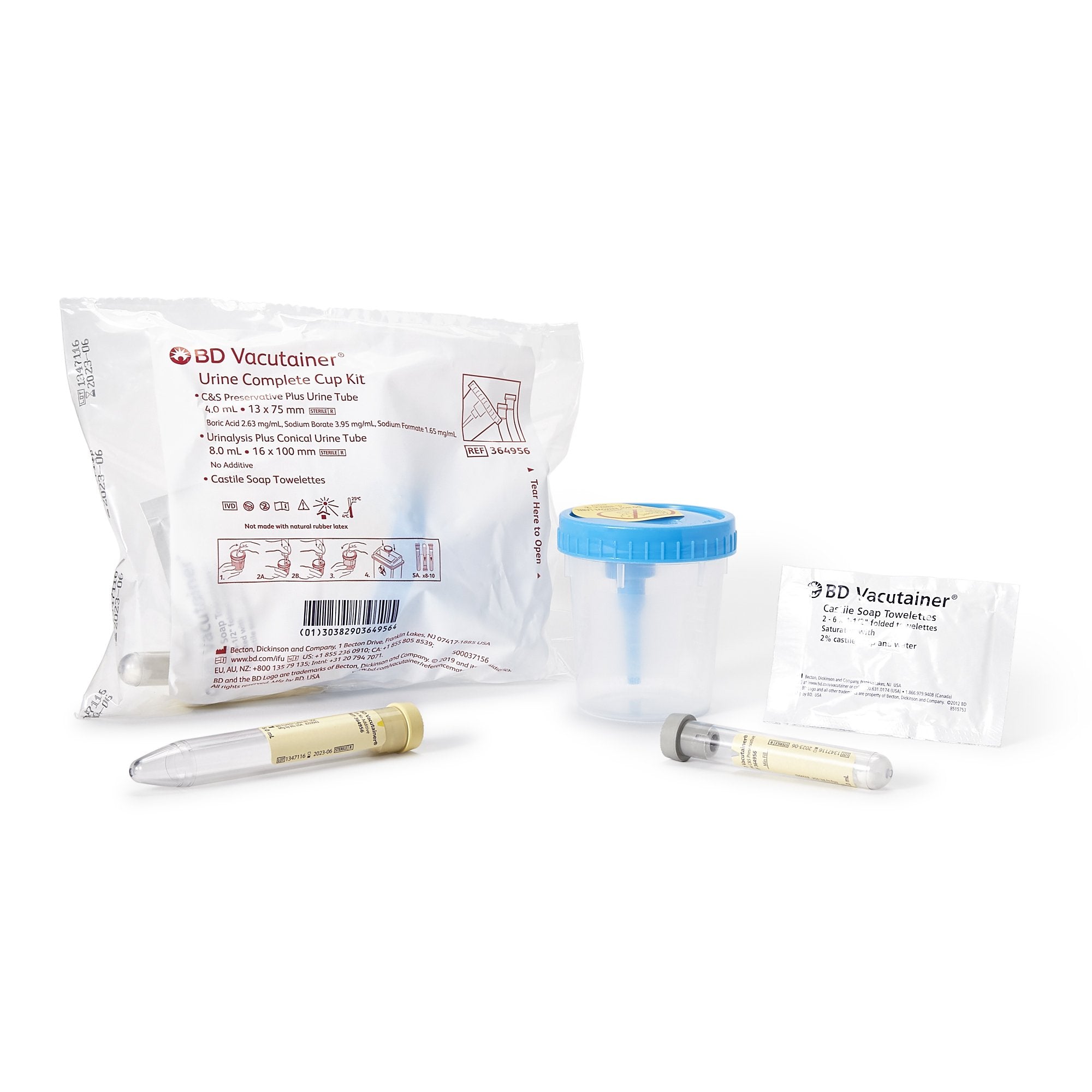 BD Urine Collection System Complete Kit, Includes:Collection Cups, 8mL Draw 16 x 100mm UA Plus Plastic Conical Bottom Tube, 4 mL Draw 13 x 75mm C&S Preservative Plus Plastic Tube &