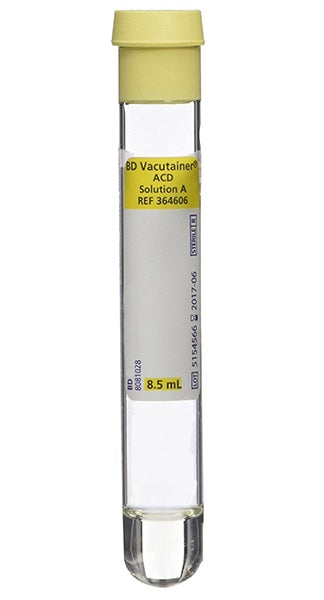 BD Vacutainer® ACD, Glass, Conventional Yellow Stopper, 16 x100mm, 8.5mL, Paper, ACD Solution A (Trisodium Citrate 22.0g/L,Citric Acid 8.0g/L,Dextrose 24.5g/L,1.5mL (MinExpiry Lead