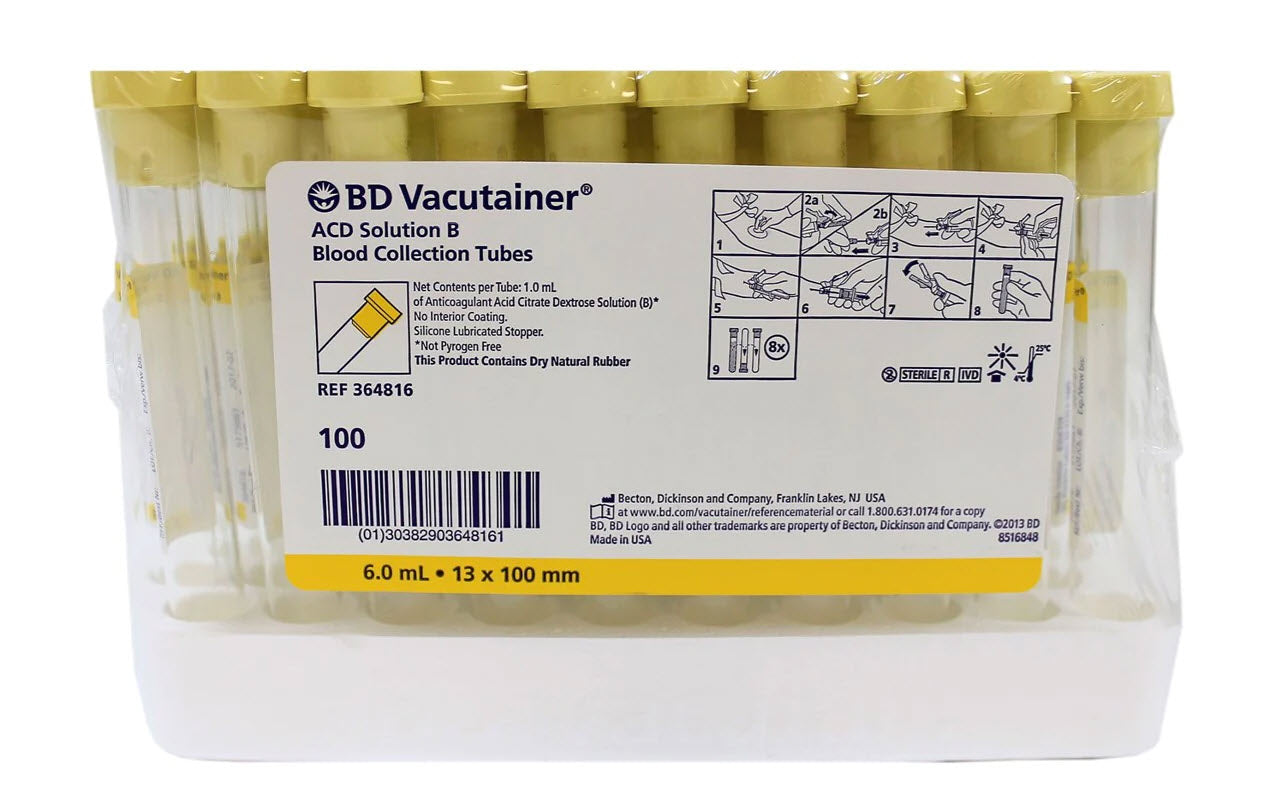 BD Vacutainer® ACD Glass Tube, Conventional Stopper, 13 x 100mm, 6.0mL, Yellow, Paper Label, ACD Solution B of Trisodium Citrate 13.2g/L, Citric Acid 4.8g/L & Dextrose 14.7g/L, 1.0