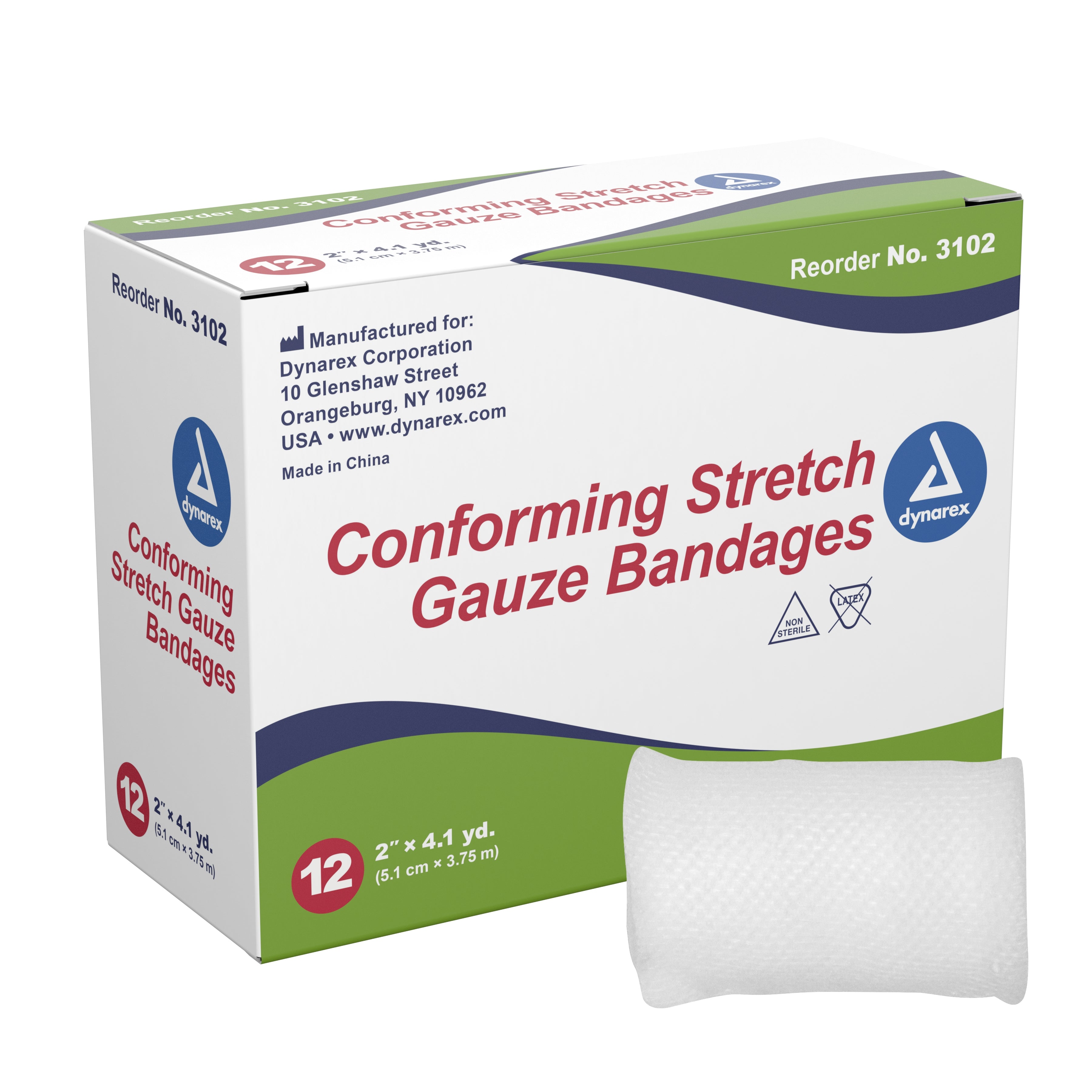 Conforming Stretch Gauze Bandage Roll, 2" x 4.1 yds, Non-Sterile, 12 Rolls/Box