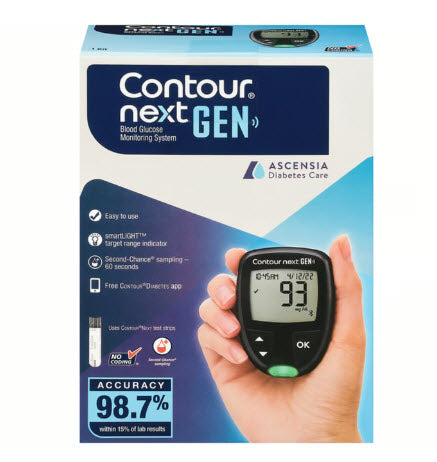CONTOUR® NEXT GEN Blood Glucose Monitoring System, Retail Kit, CONTOUR® NEXT Blood Glucose Meter, Lancing Device, 10 Colored Lancets, User & Quick Reference Guide, Carrying Case, L