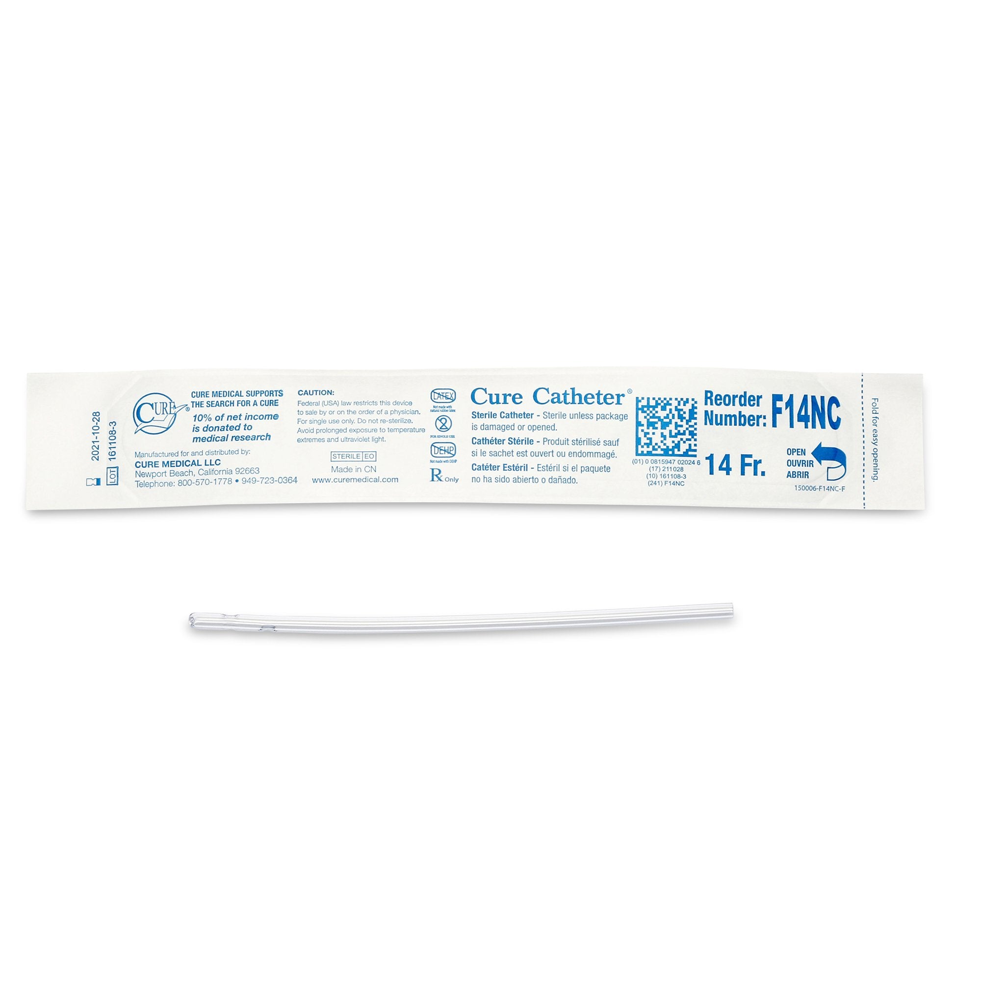 Cure Catheter® Female Catheter with Straight Tip and No Connector, 6", 14Fr A4351