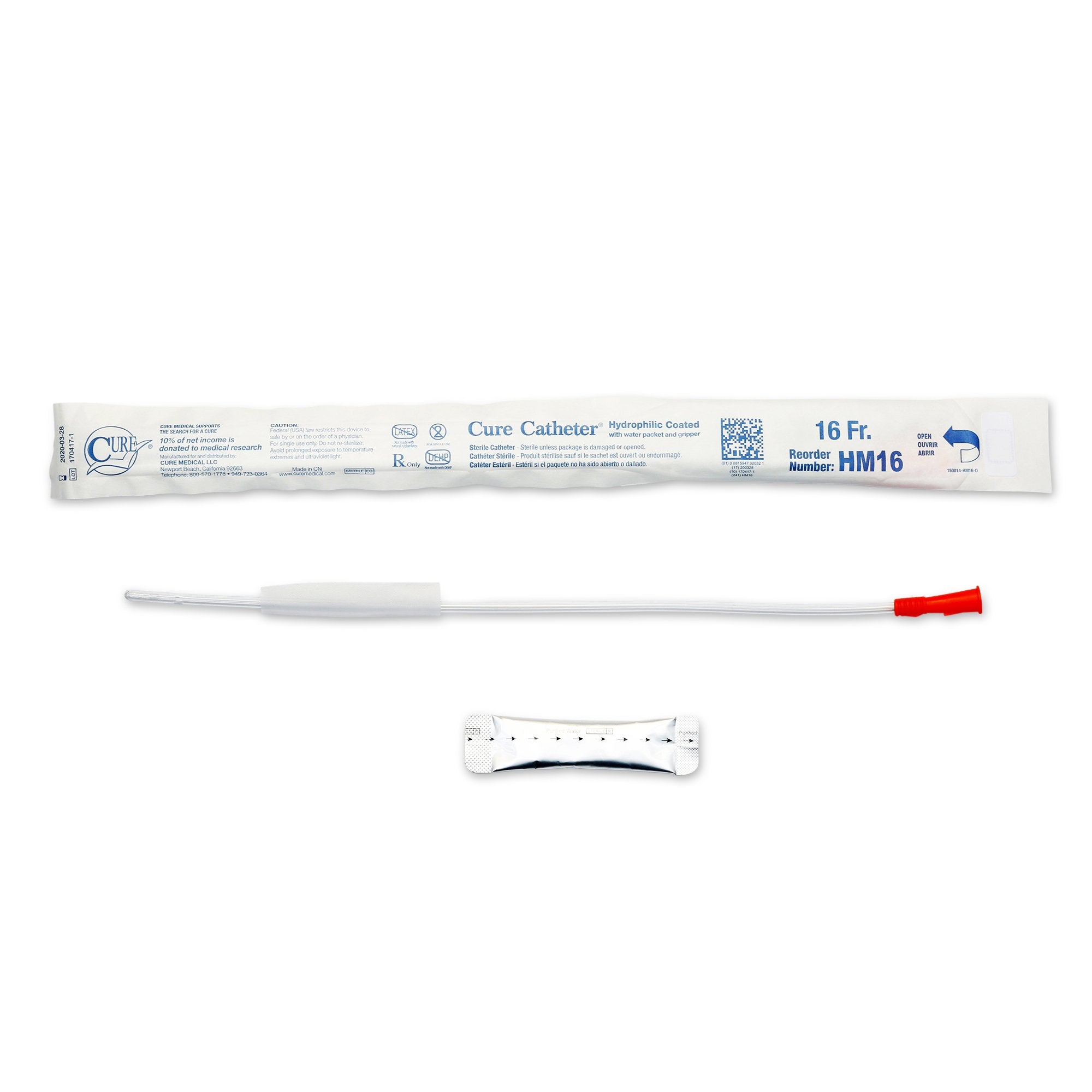 Cure Catheter® Male Hydrophilic Catheter with Straight Tip, 16”, 16Fr A4351