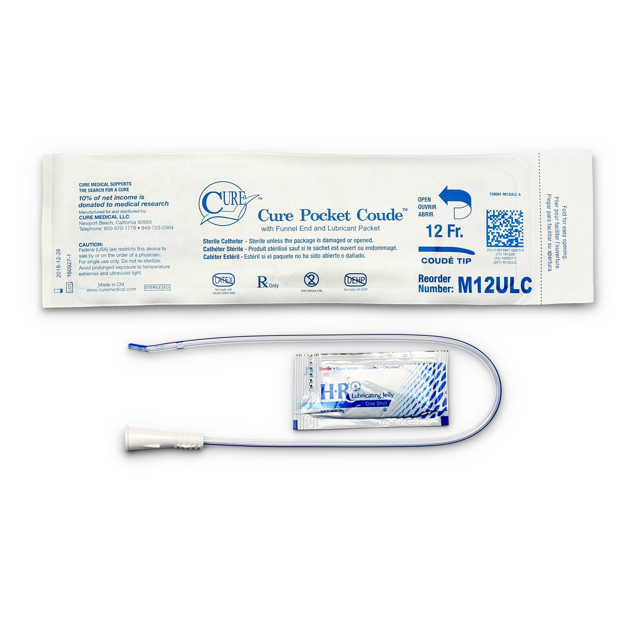 Cure Medical® Coude Pocket Catheter with Guide Strip, 12fr A4352