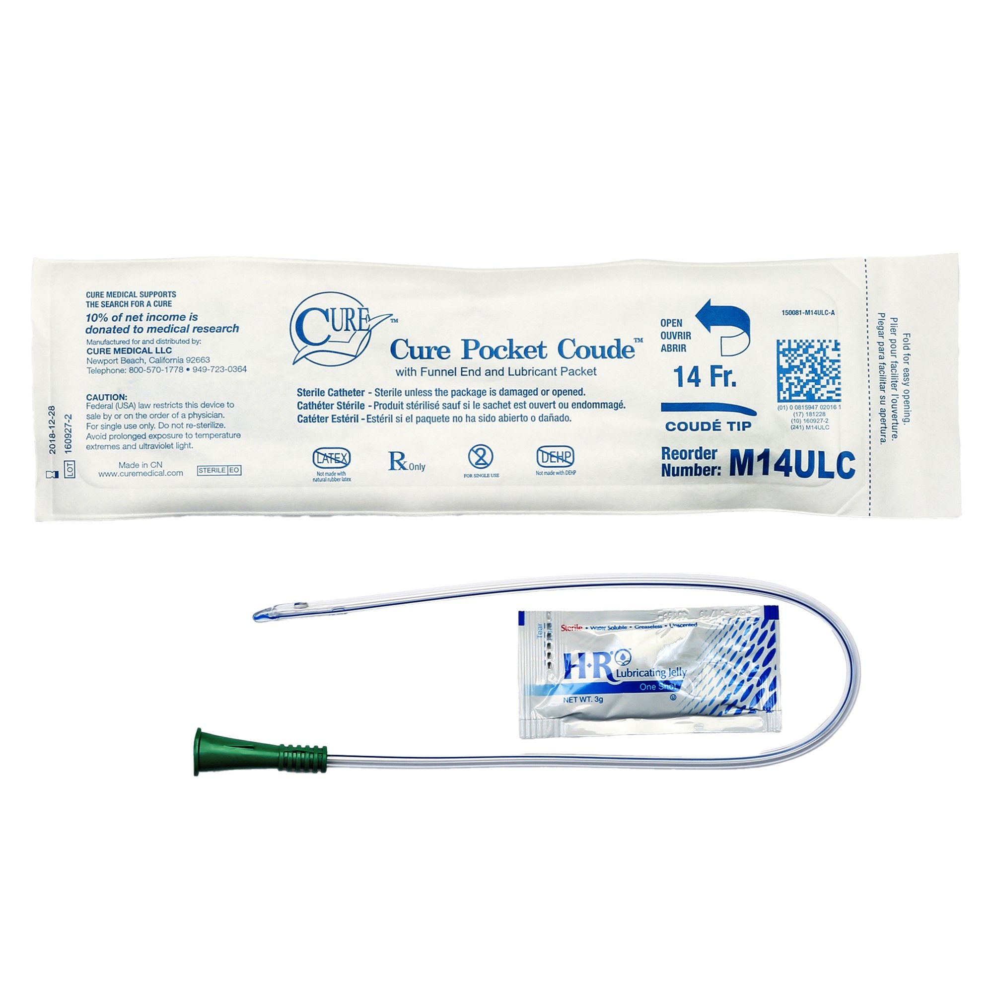 Cure Medical® Coude Pocket Catheter with Guide Strip, 14fr A4352