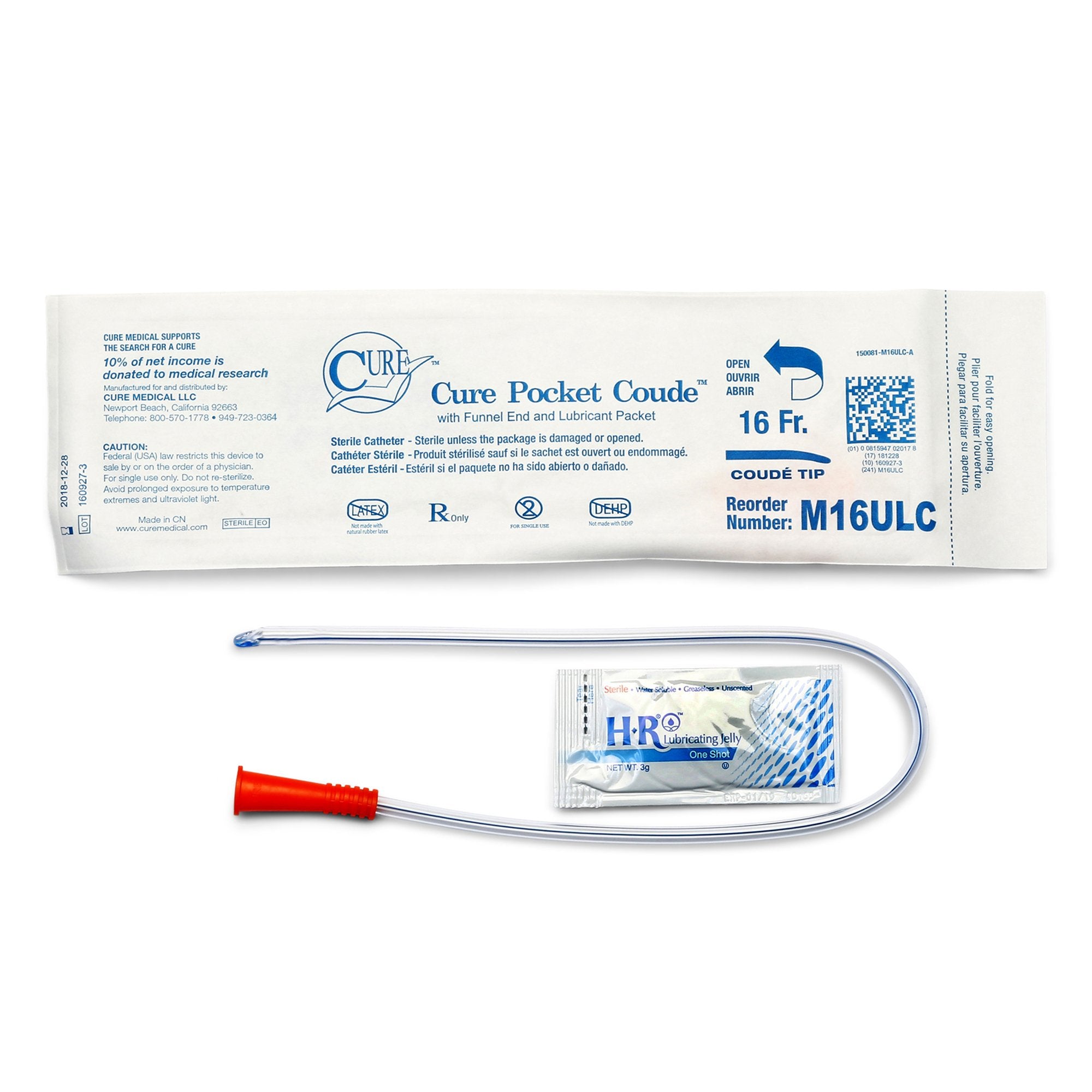 Cure Medical® Coude Pocket Catheter with Guide Strip, 16fr A4352