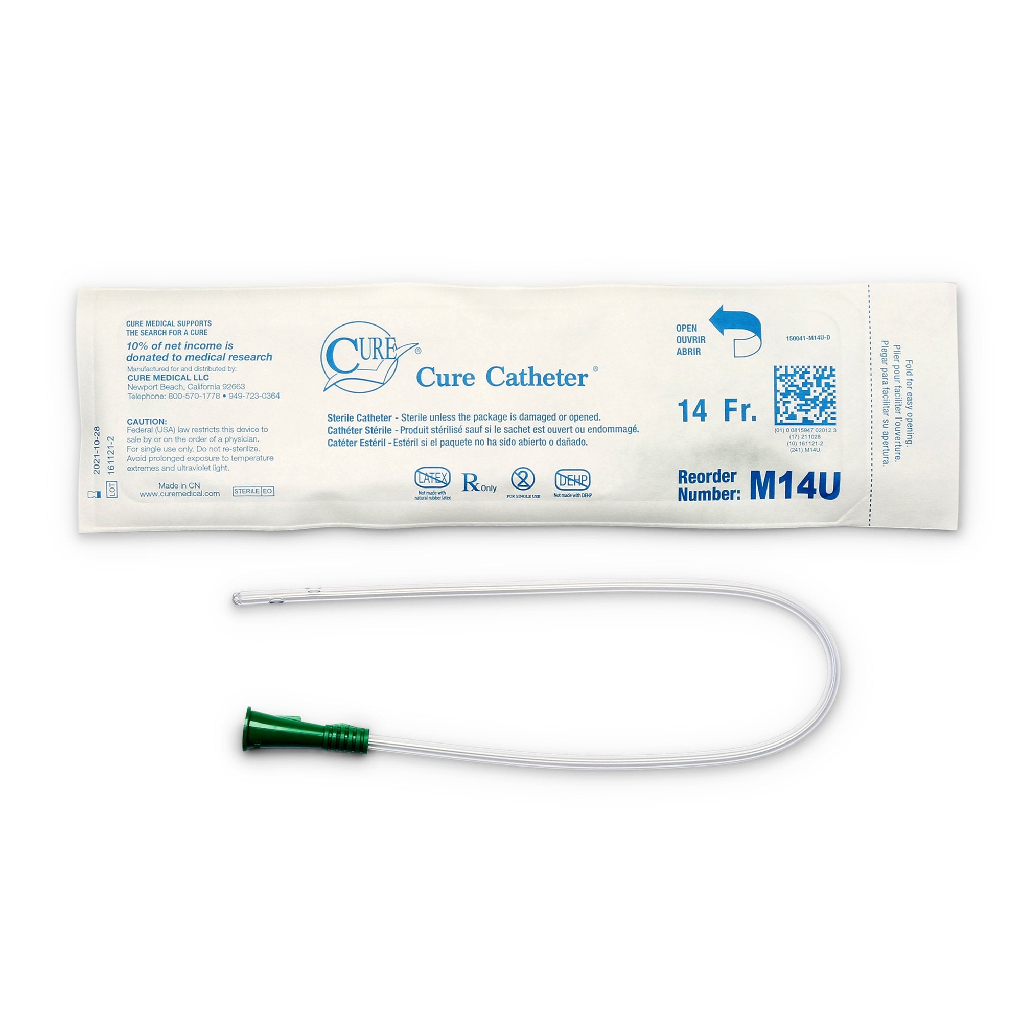 Cure Medical® Male Pocket Catheter with Straight Tip, 16”, 14Fr A4351