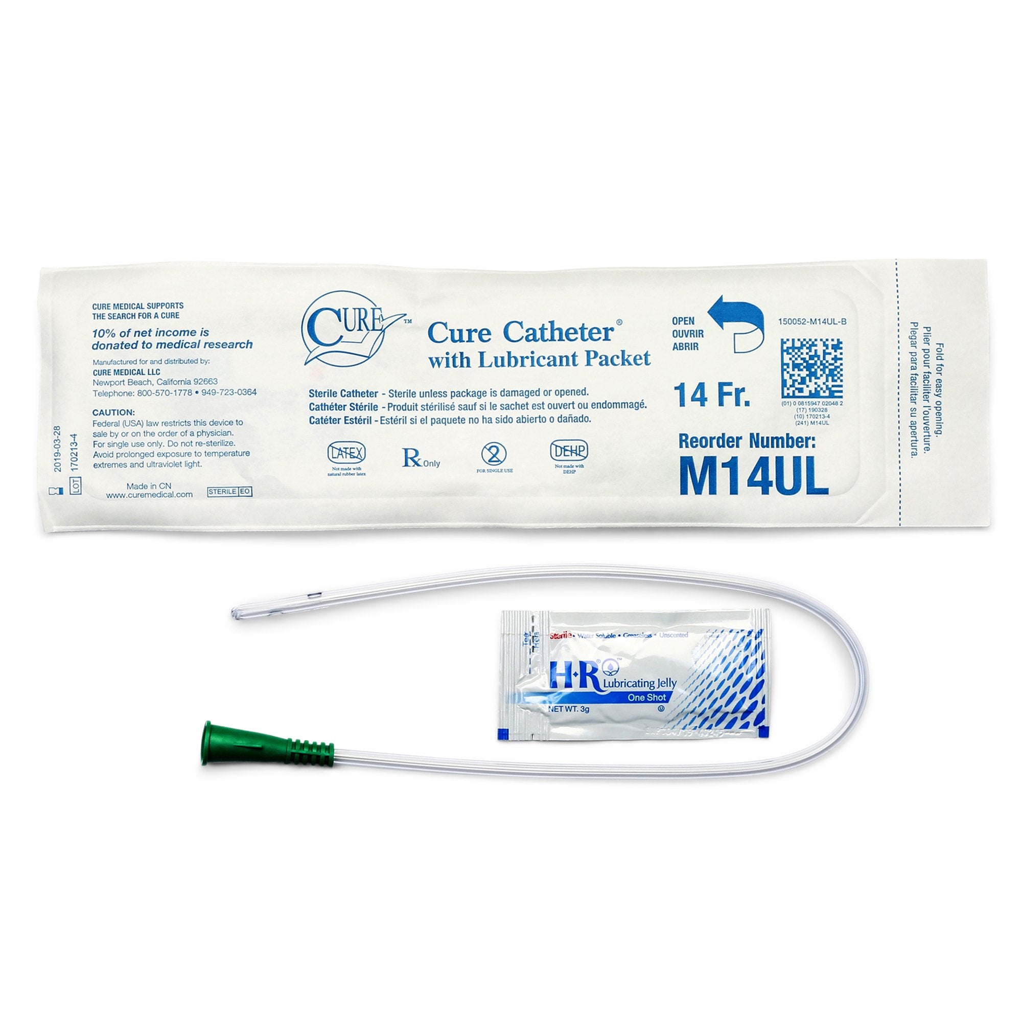 Cure Medical® Male Pocket Catheter with Straight Tip and Lubricant, 16”, 14Fr A4351