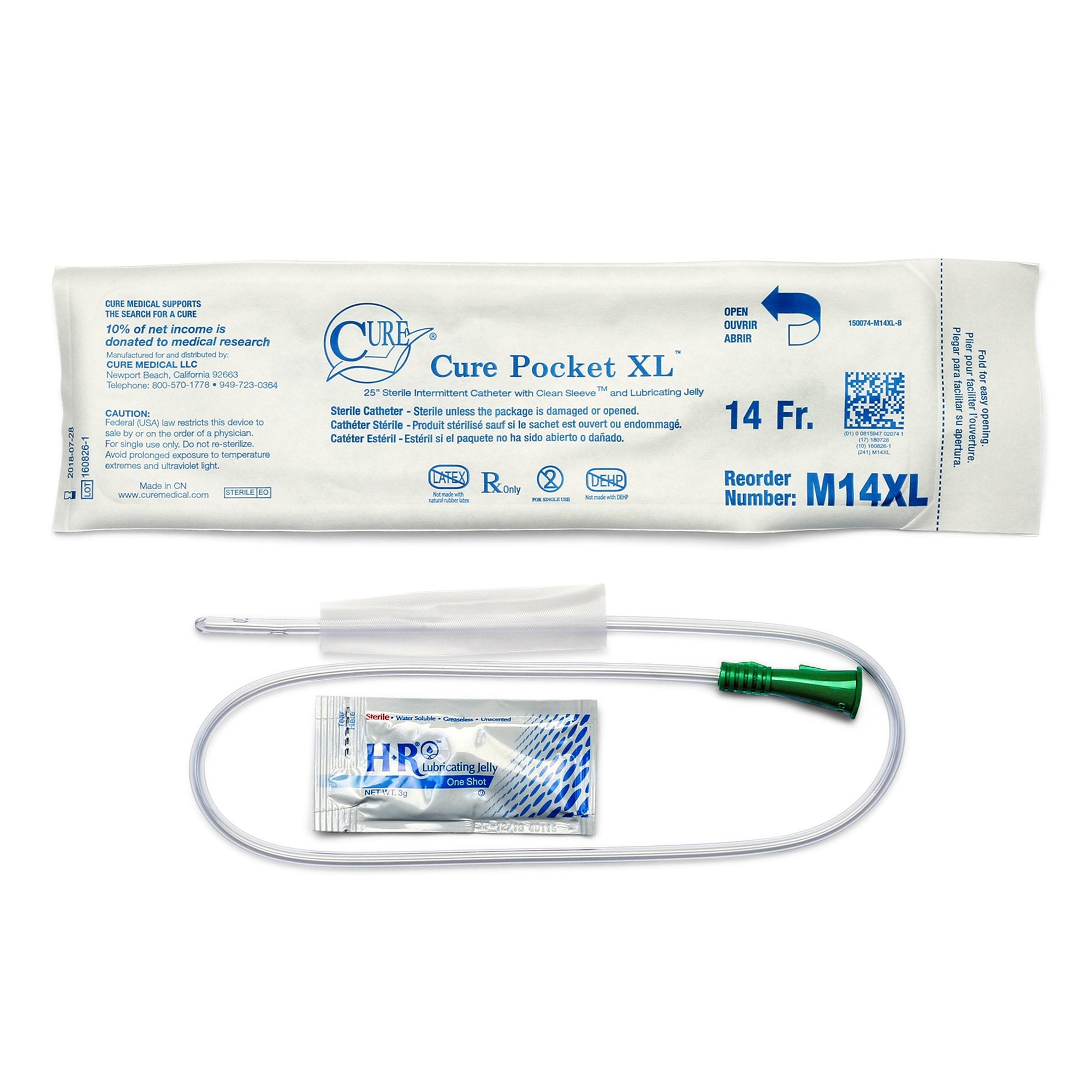 Cure Medical® Male Pocket Catheter with Straight Tip and Lubricant, 25", 14Fr A4351