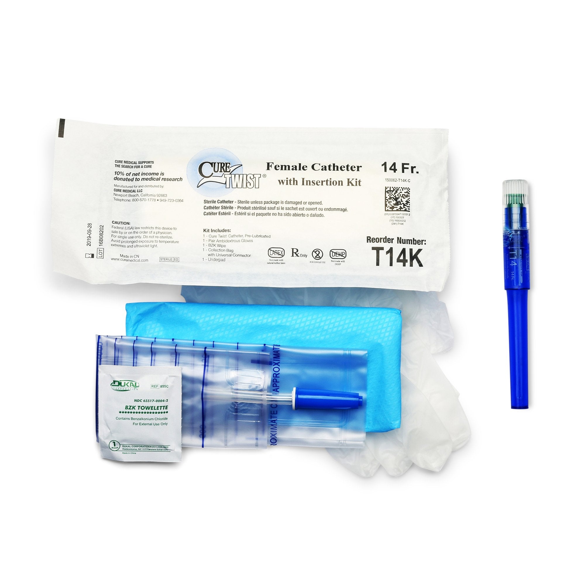 Cure Twist™ Female Straight Tip Catheter with Insertion Kit, 6”, 14FR A4353