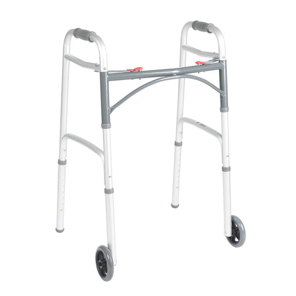 Deluxe Folding Walker, Two Button With 5" Wheels, 4/Case