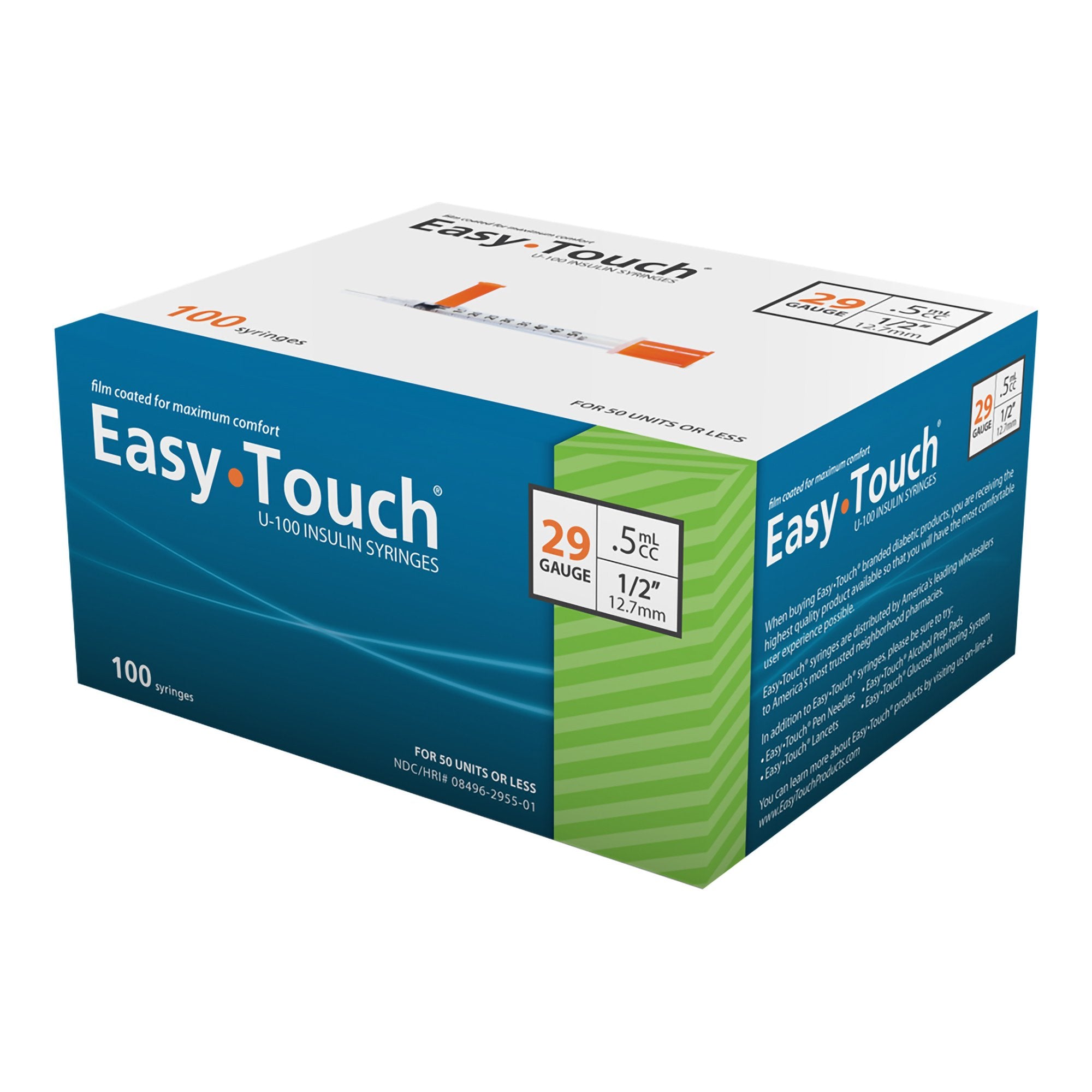 EasyTouch® U-100 Insulin Syringes, 0.5 cc, 29G x ½"
