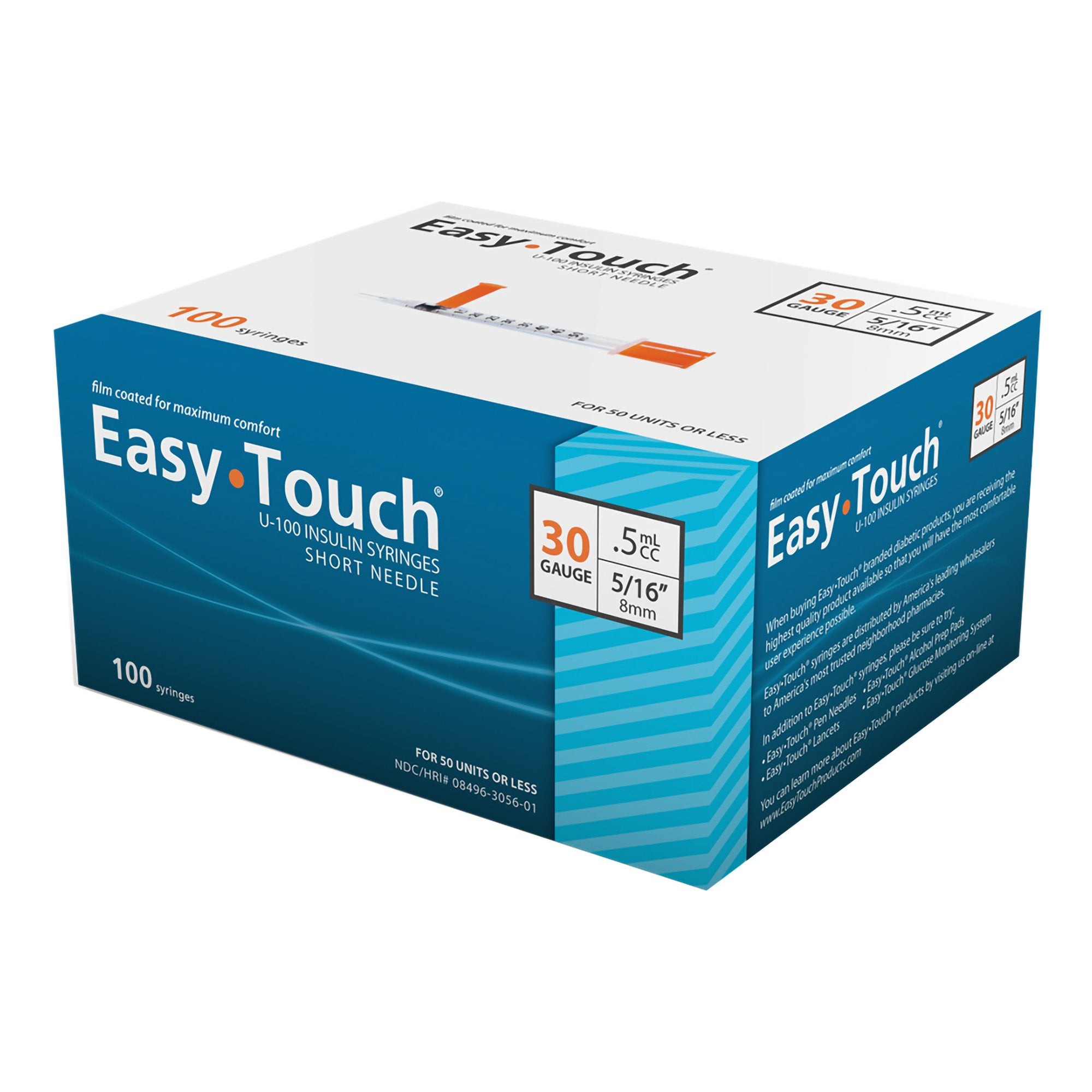 EasyTouch® U-100 Insulin Syringes, 0.5 cc, 30G x 5/16"