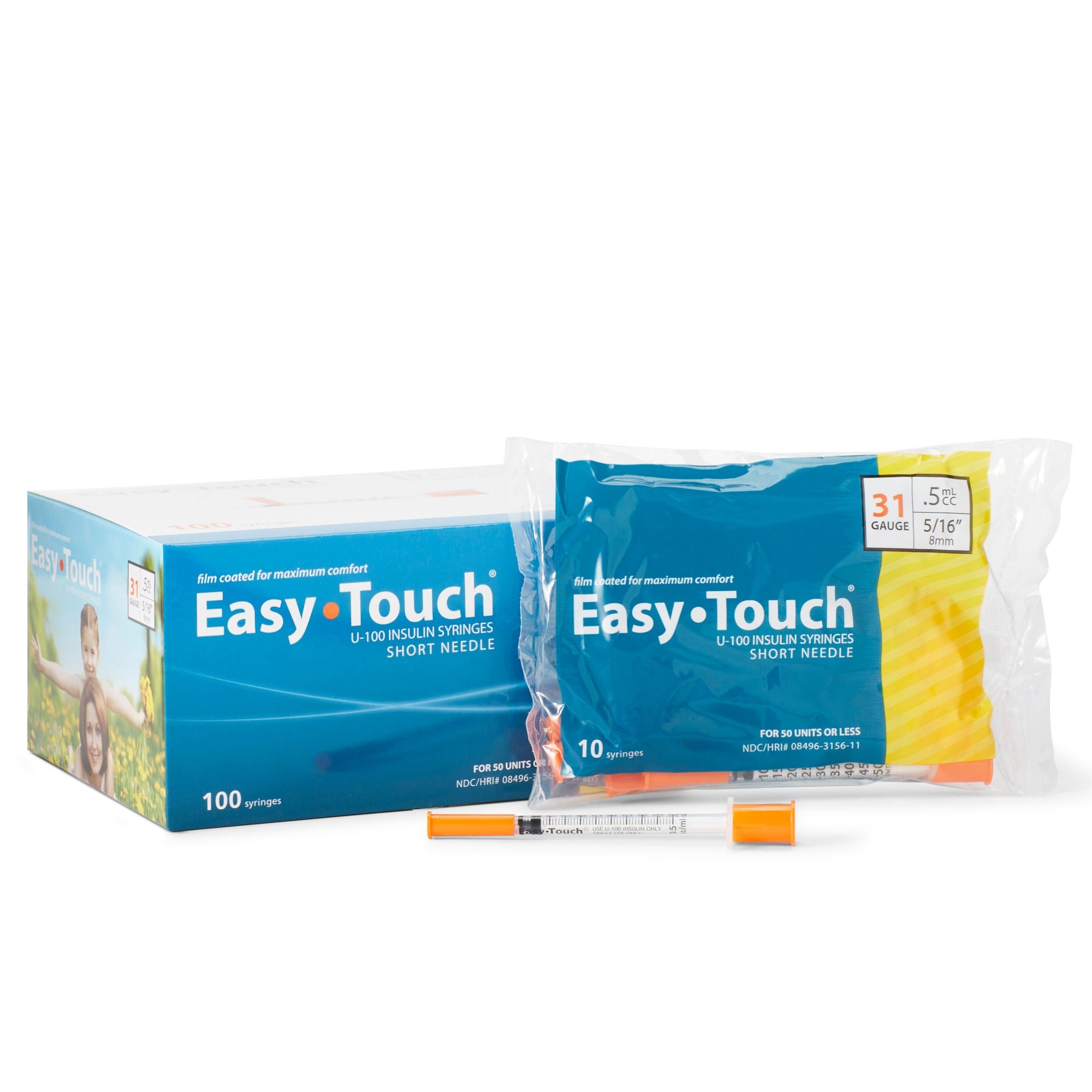 EasyTouch® U-100 Insulin Syringes, 0.5 cc, 31G x 5/16"