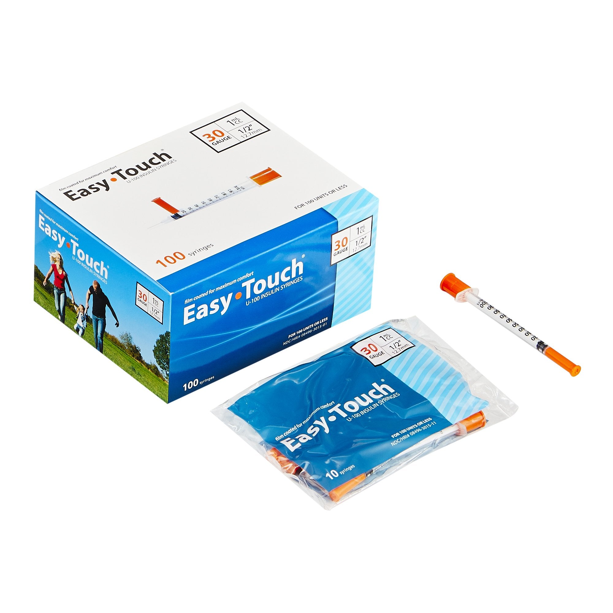 EasyTouch® U-100 Insulin Syringes, 1 cc, 30G x 1/2"