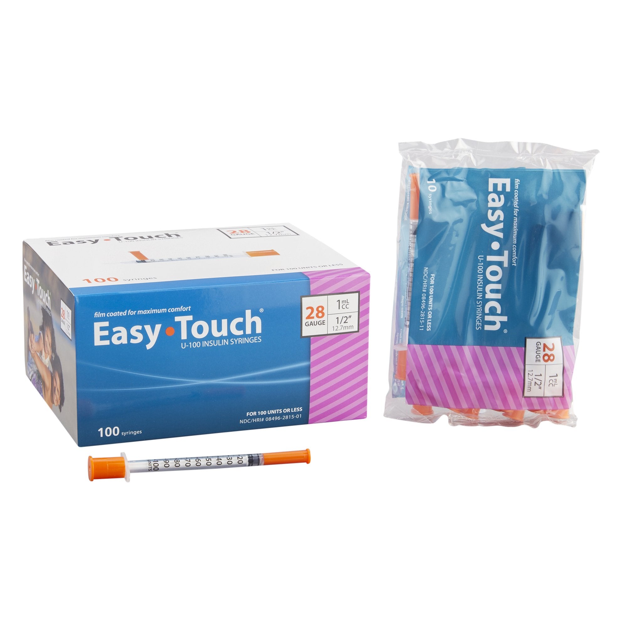 EasyTouch® U-100 Insulin Syringes, 1cc, 28G x ½"