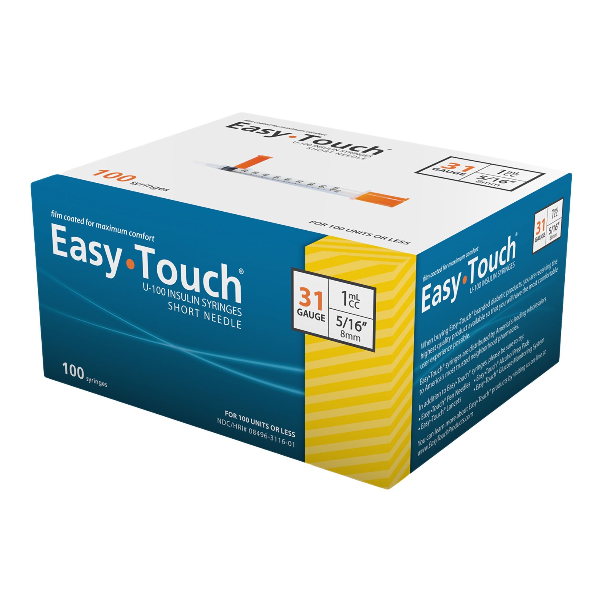 EasyTouch® U-100 Insulin Syringes, 1cc, 31G x 5/16"