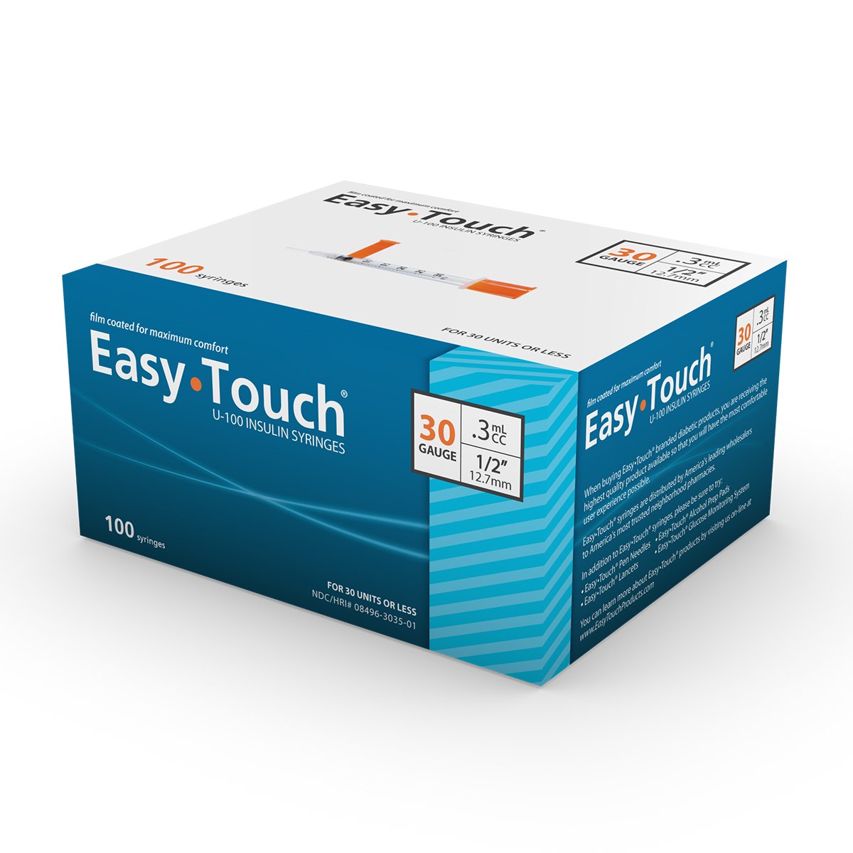 EasyTouch® U-100 Insulin Syringes, .3 cc, 30G x 1/2"