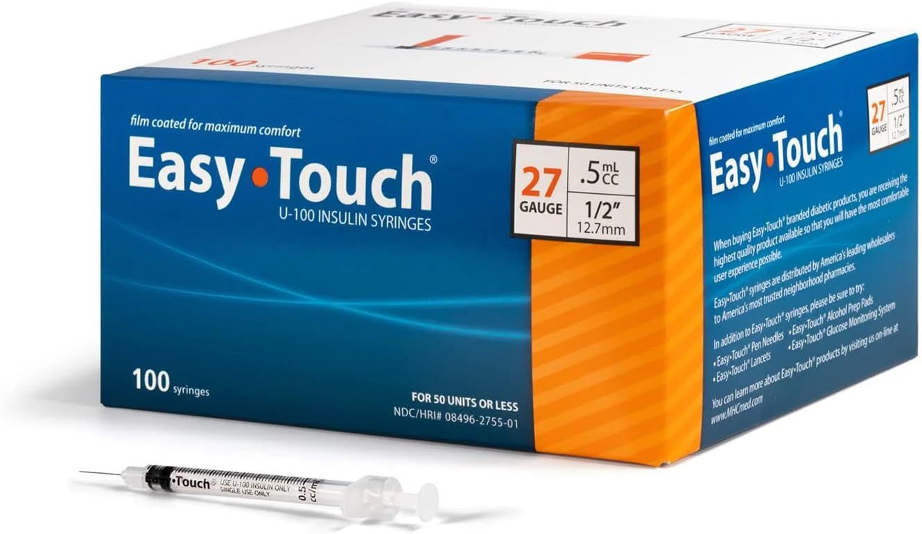 EasyTouch® U-100 Insulin Syringes, .5cc, 27G x ½"
