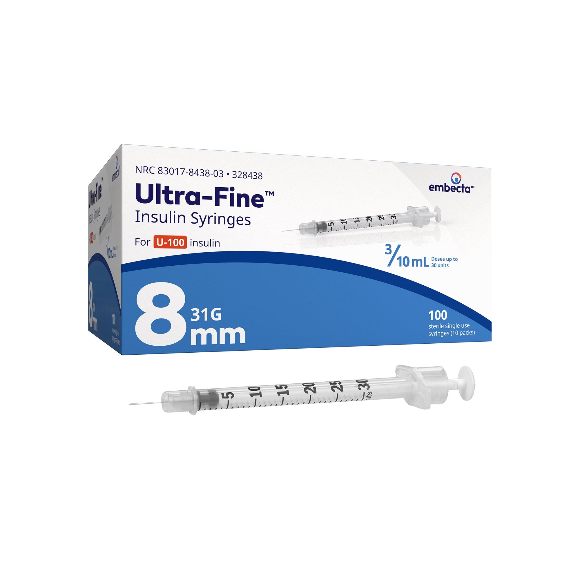 embecta™ Insulin Syringe Ultra-Fine™ Needle, 3/10 cc, 31 G x 8 mm