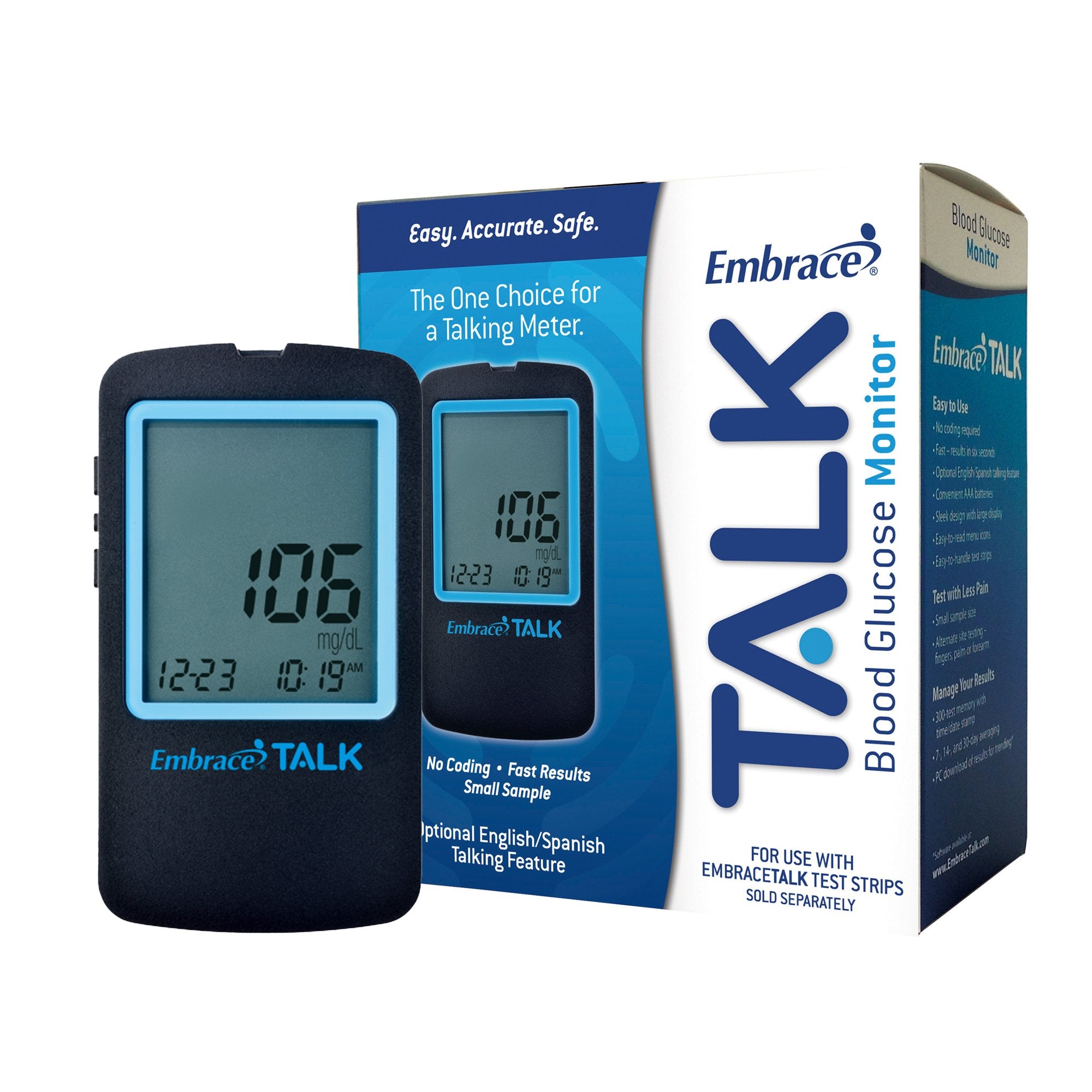 Embrace® TALK™ Blood Glucose Meter Only, 2 AAA Batteries, Carrying Case, Log Book, Instructions