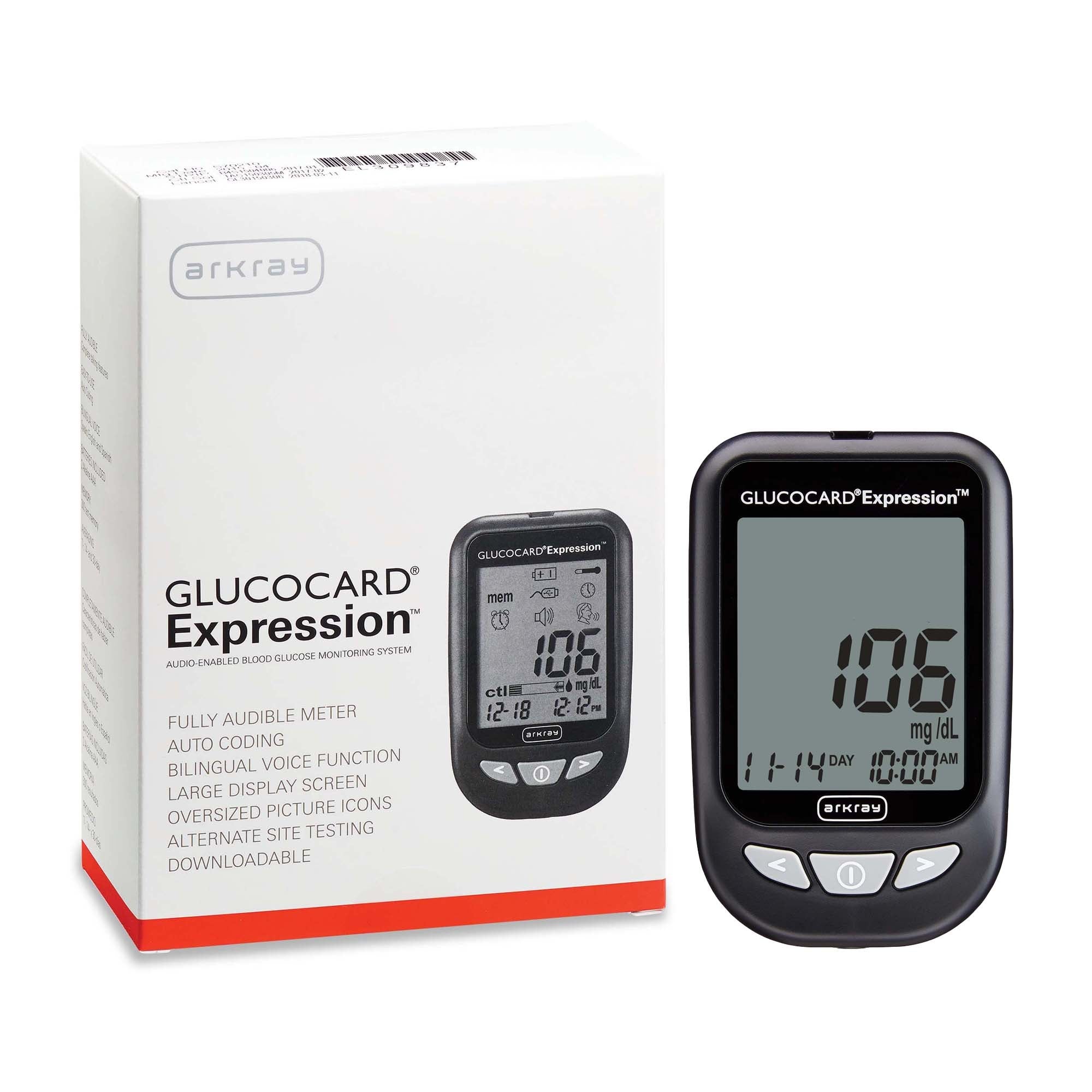 GLUCOCARD® Expression™ Audible Blood Glucose Monitoring System, Meter, 2 Alkaline AAA Batteries, User & Quick Reference Guide, Carrying Case, Self-testing Logbook