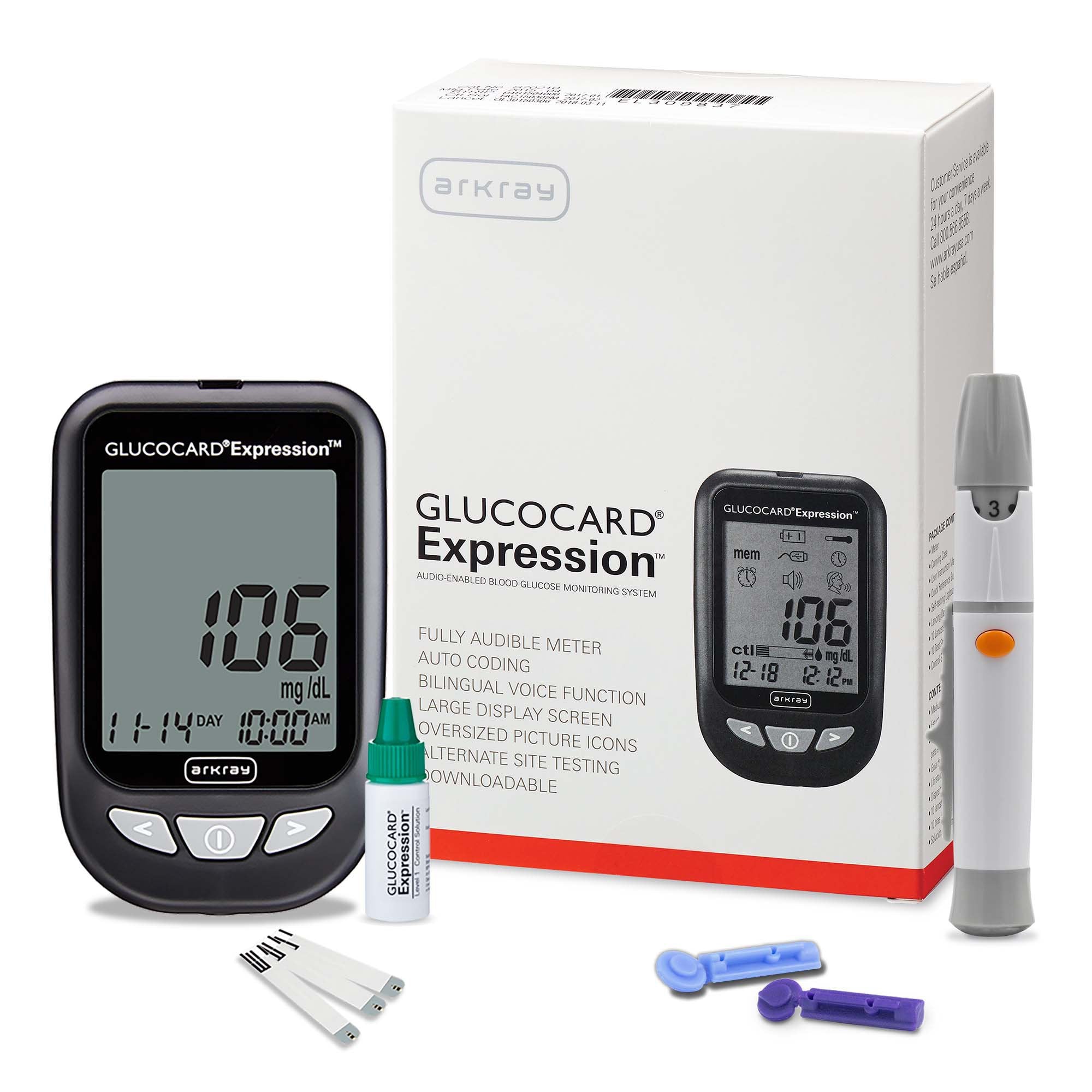GLUCOCARD® Expression™ Blood Glucose Monitoring System Kit, Conversions Only, Meter, 2 Alkaline AAA Batteries, 10 Test Strips, Lancing Device, 10 Lancets, Control Solution, User & 