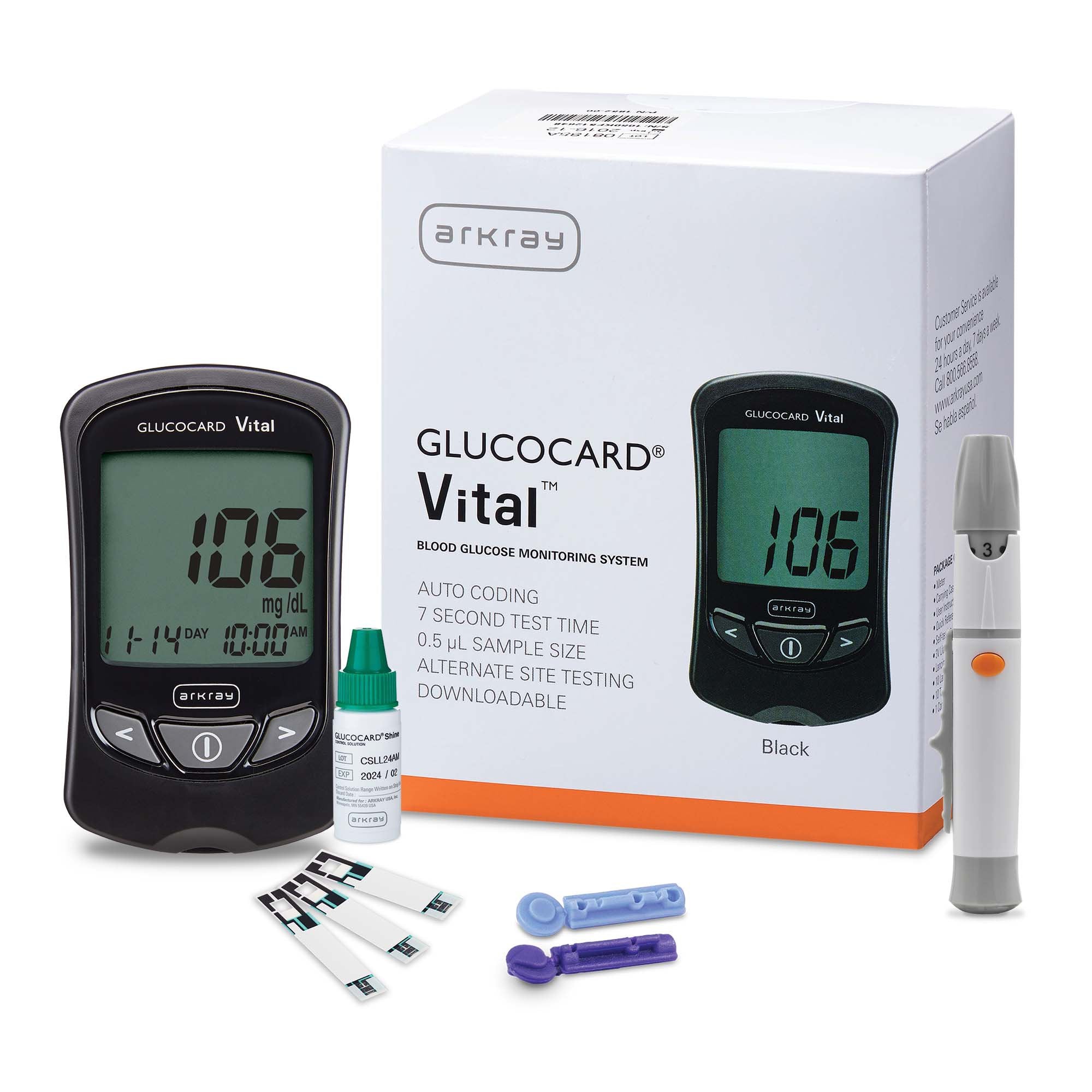 GLUCOCARD® Vital™ Blood Glucose Monitoring System, Black, Meter 3V Lithium Battery Installed, 10 Test Strips, Lancing Device, 10 Lancets, 1 Control Solution, User & Quick Reference