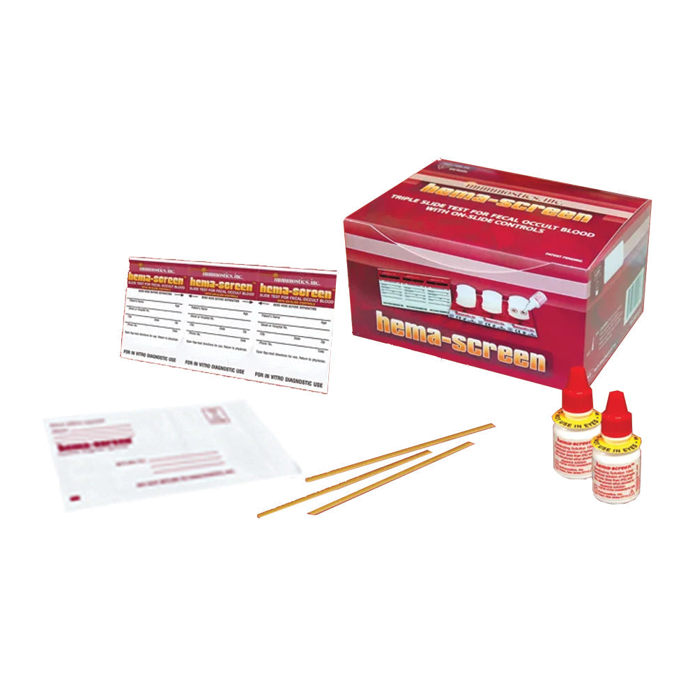 Hema-Screen FOB: Fecal Occult Blood Test Kit CLIA Waived With Single Slides/Applicators/Developer/Mailing Envelope
