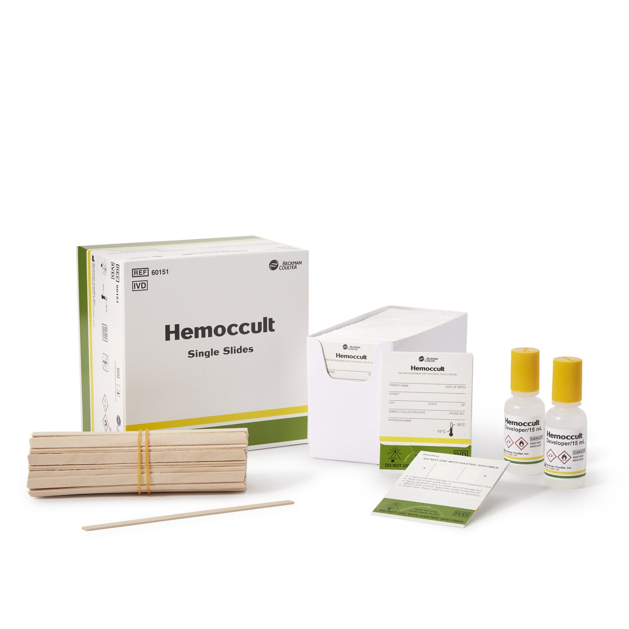 Hemoccult® Fecal Occult Single Slides Kit, Contains: 100 Single Slides, 2 15mL Bottles of Developer, 100 Applicators & Instructions