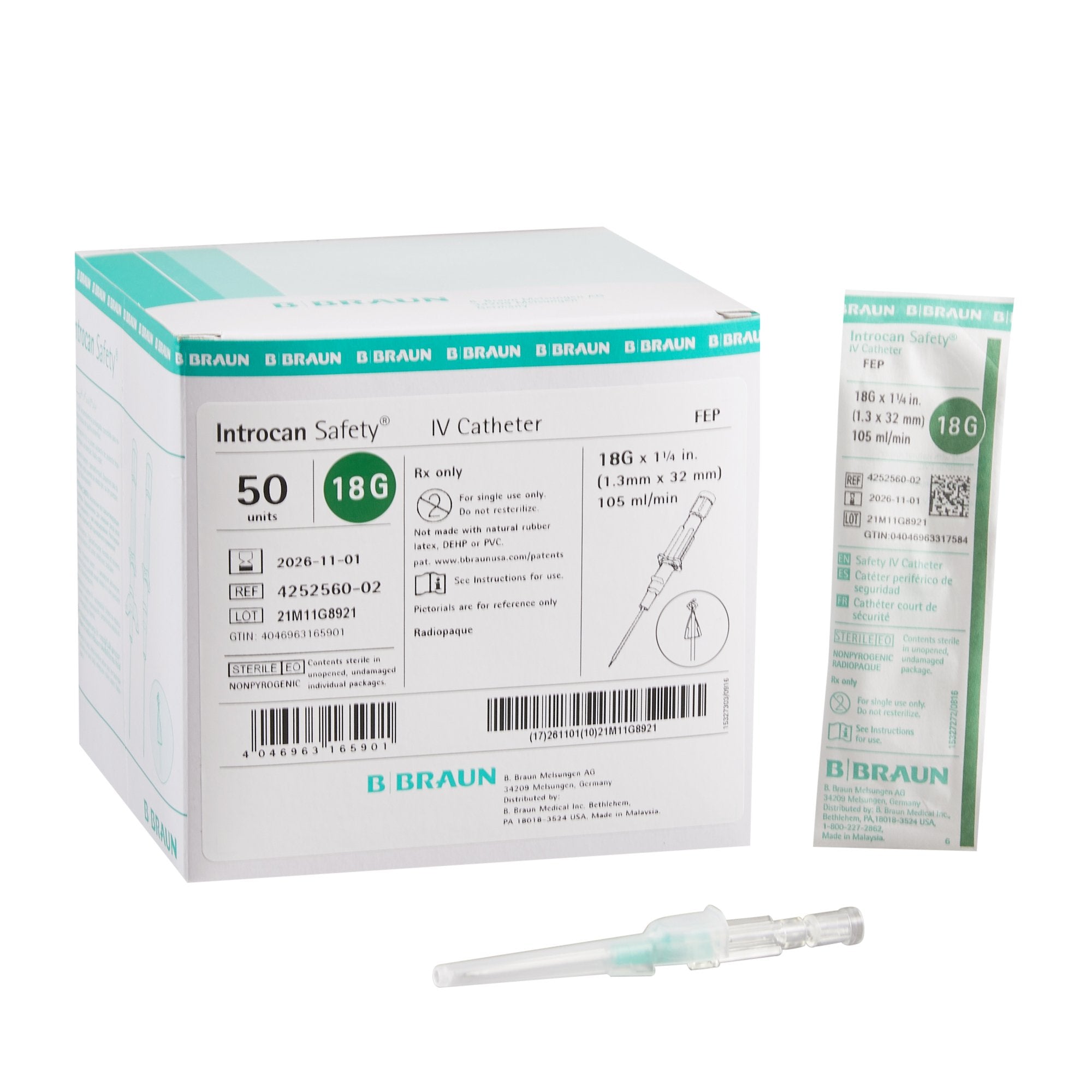 Introcan Safety® IV Catheter 18 Ga. x 1.25 in., FEP, Straight