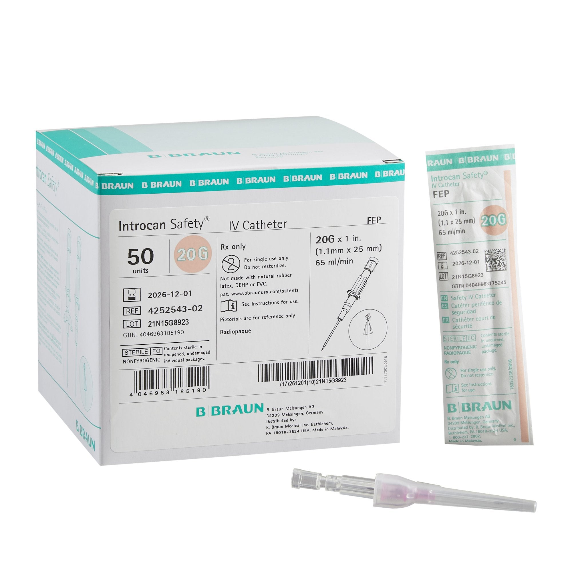 Introcan Safety® IV Catheter 20 Ga. x 1 in., FEP, Straight