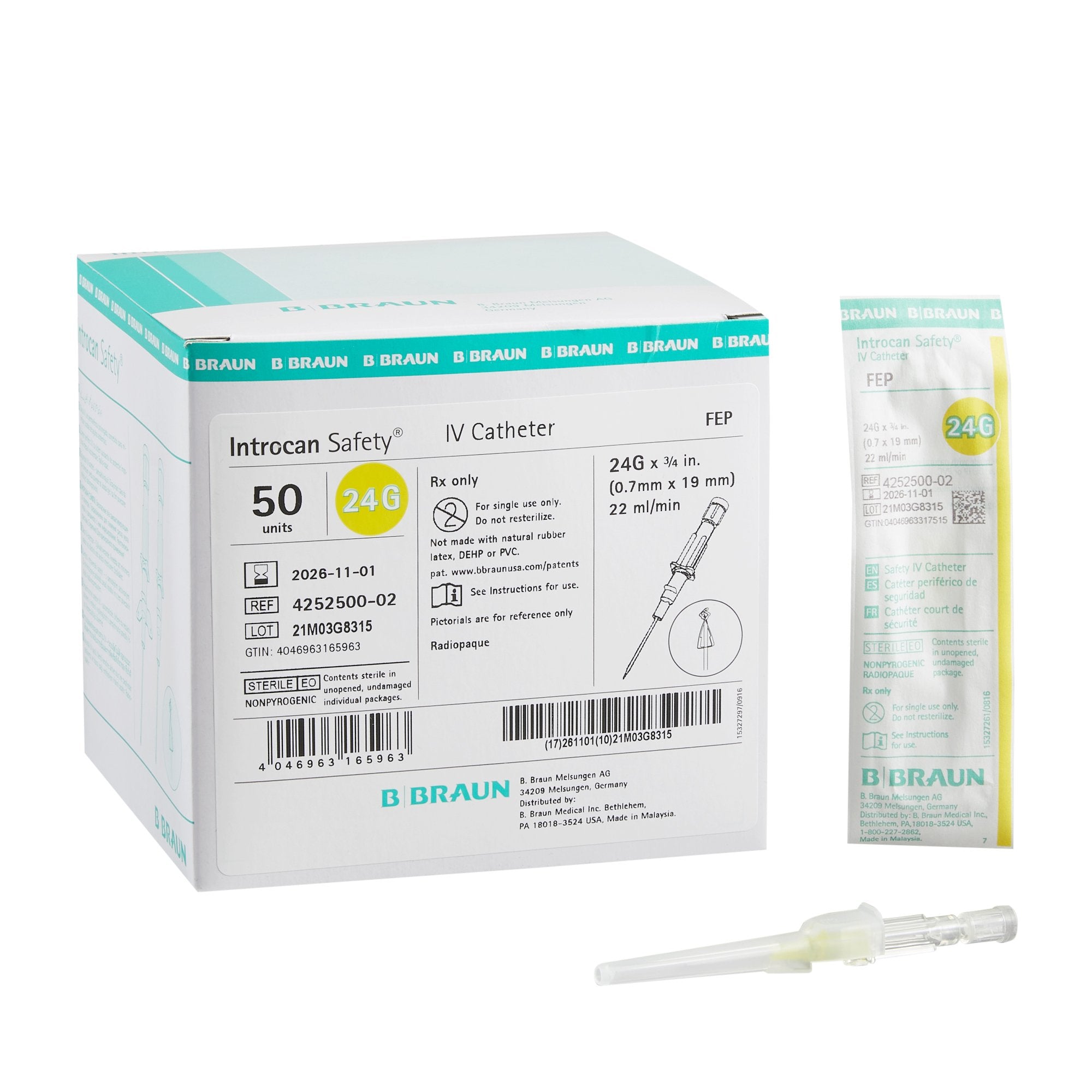 Introcan Safety® IV Catheter 24 Ga. x 0.75 in., FEP, Straight