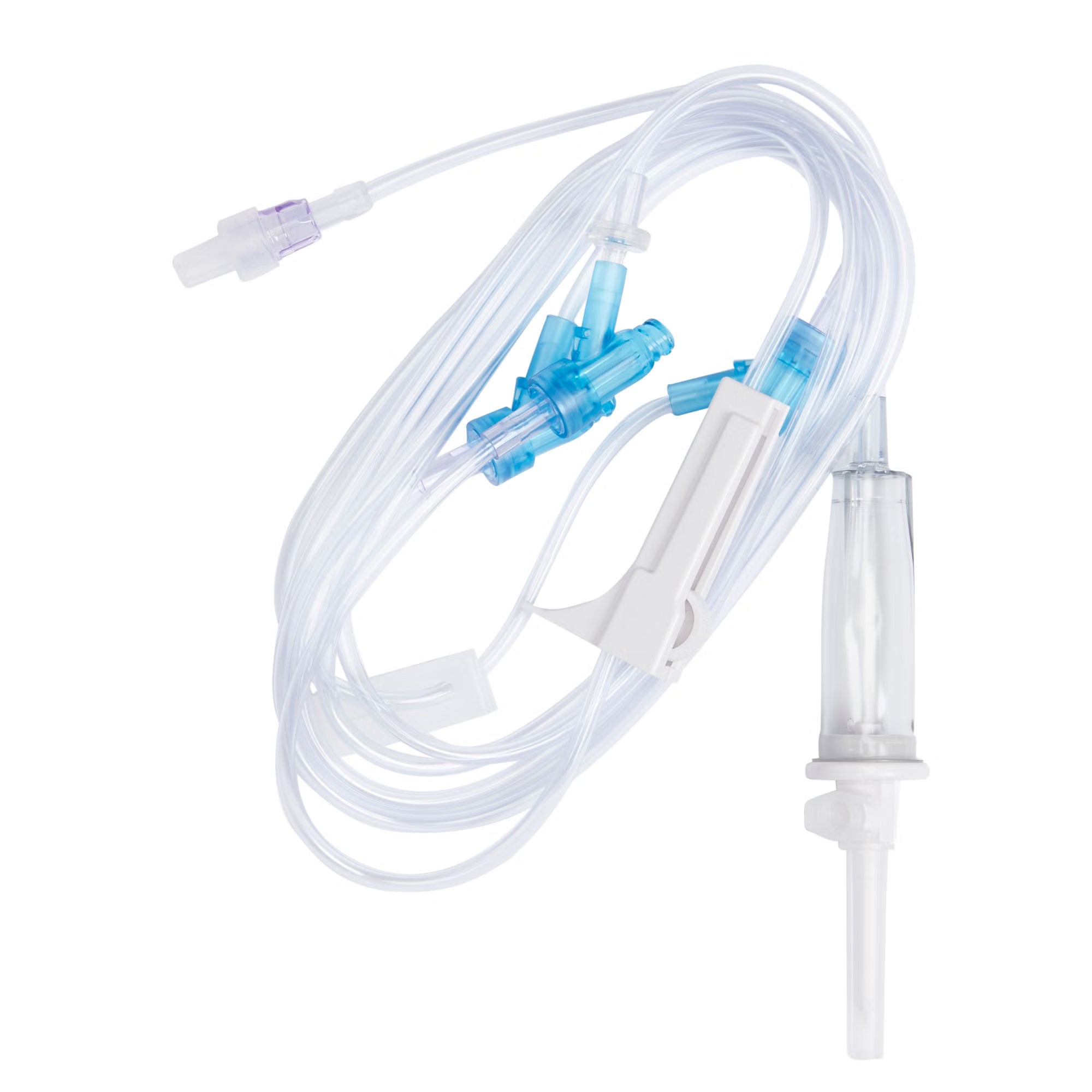 IV Admin Set, (15 drops/mL) Universal Spike, Roller & Slide Clamp, Backcheck Valve, Needle-Free Access Ports 85", 41" & 6 in. Above Distal End, SPIN-LOCK® Connector, DEHP & Latex F