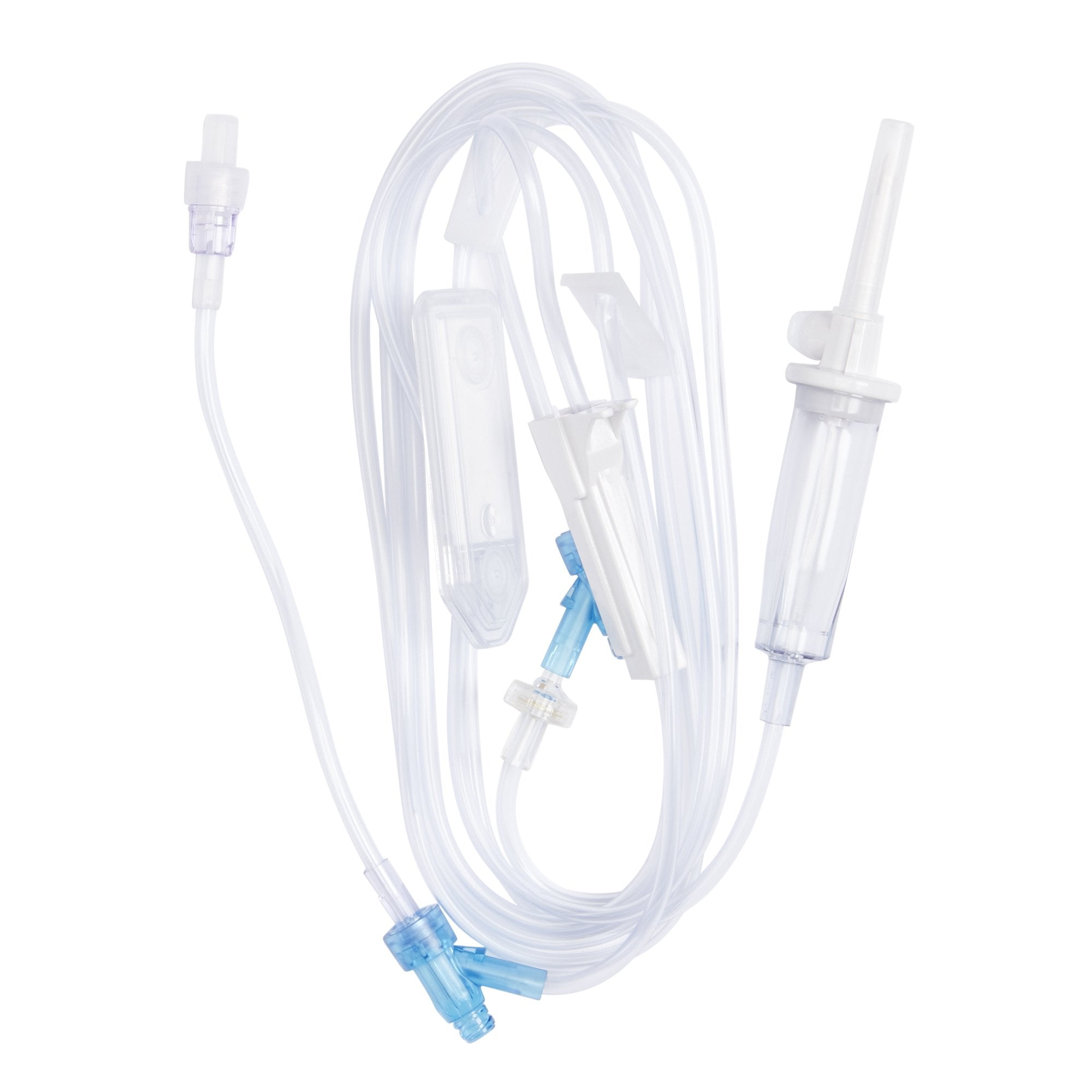 IV Admin Set, Universal Spike, Backcheck Valve, Needle-Free Access Ports 76" & 6" Above Distal End, Roller Clamp, Slide Clamp, SUPOR Membrane 0.2 Micron Air-Eliminating Filter, Sli