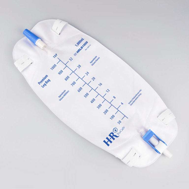 Leg Bag, 1000 mL with Flip Drainage Valve, Flocked Backing, Latex-free Fabric Leg Straps, and Extension Tubing