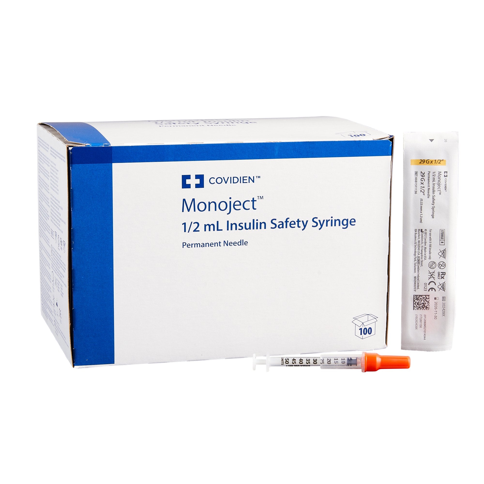 Monoject™ Insulin Safety Syringe with Needle, 1/2 mL, 29g x 1/2"