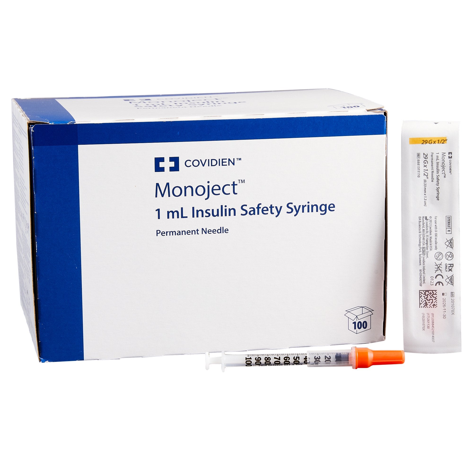 Monoject™ Insulin Safety Syringe with Needle, 1 mL, 29g x 1/2"