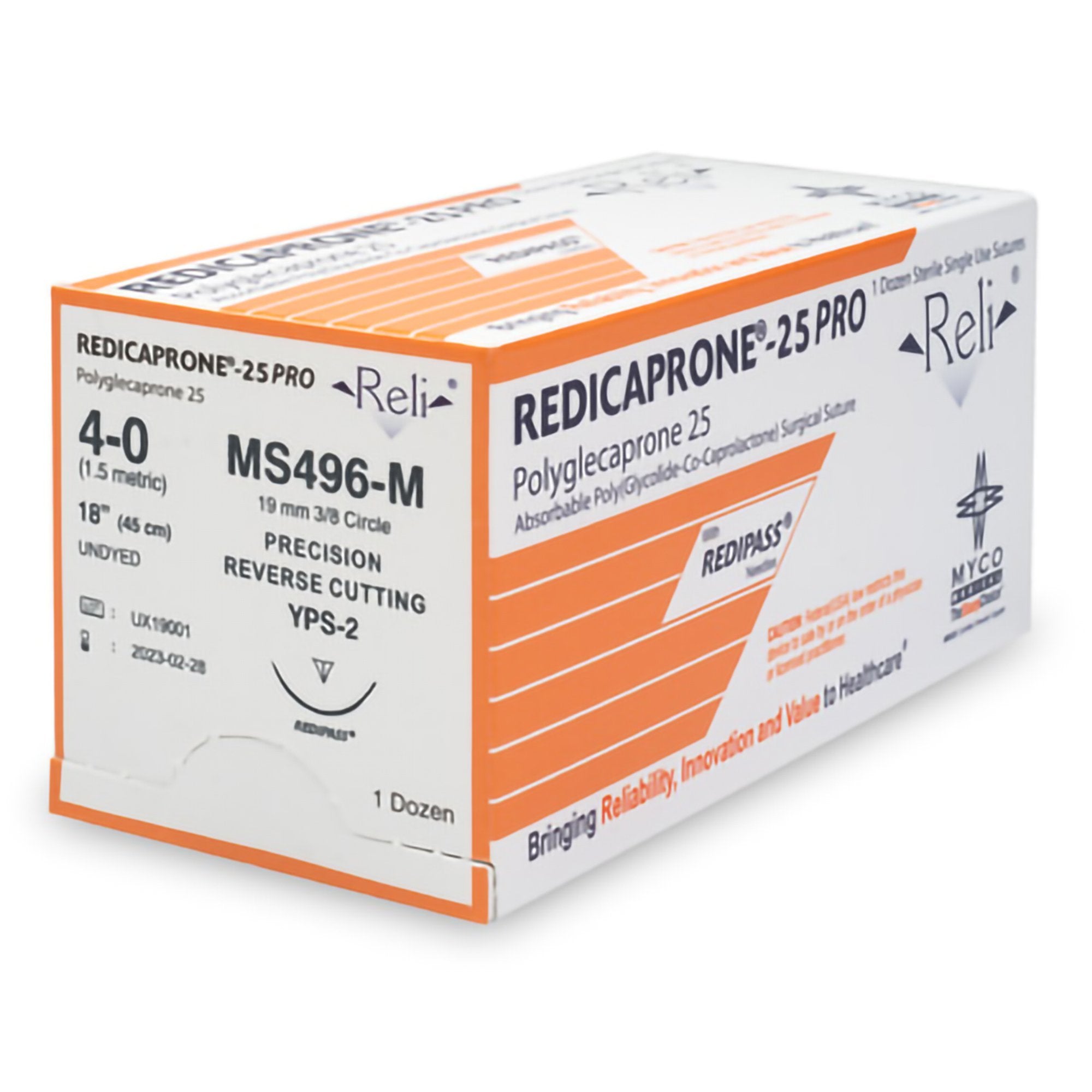 Myco Reli® Pro Redicaprone Suture, Undyed, Monofilament, 4-0, 18", Needle YPS-2