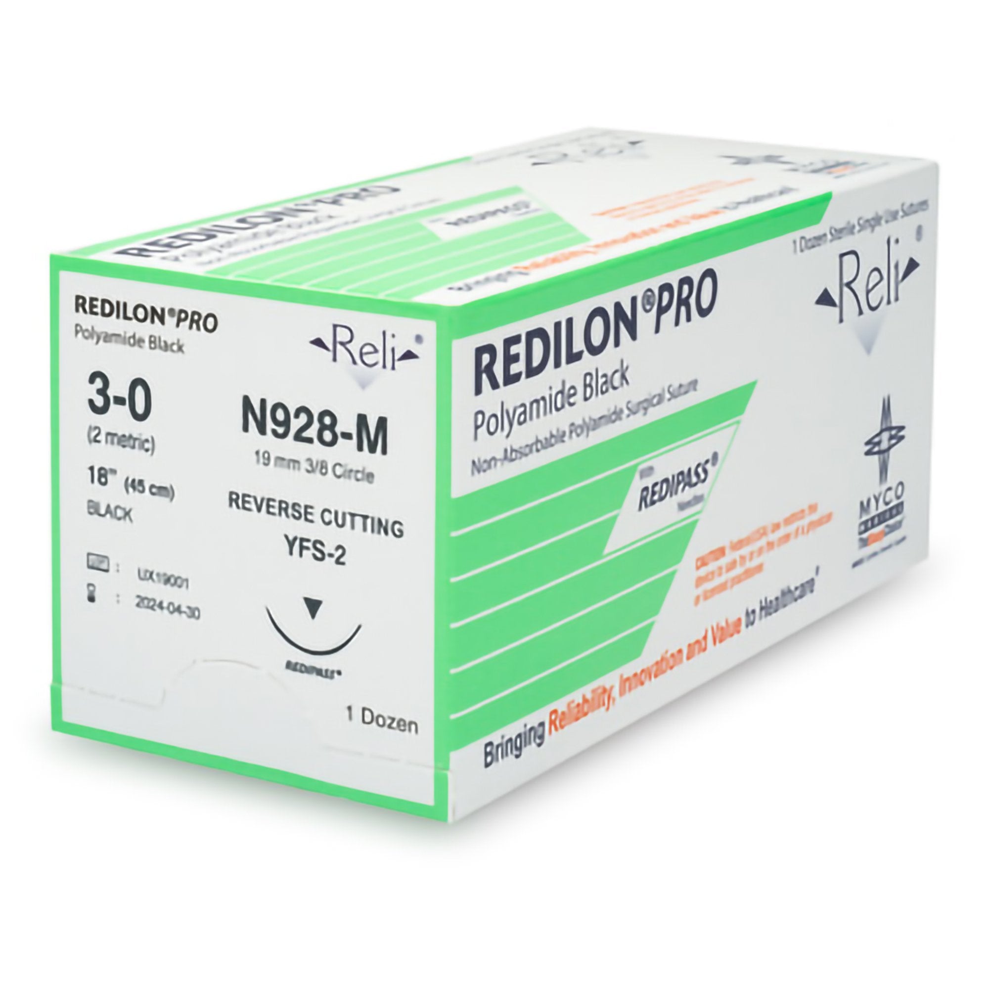 Myco Reli® Pro Redilon Suture, Black Monofilament, 3-0, 18", Needle YFS-2