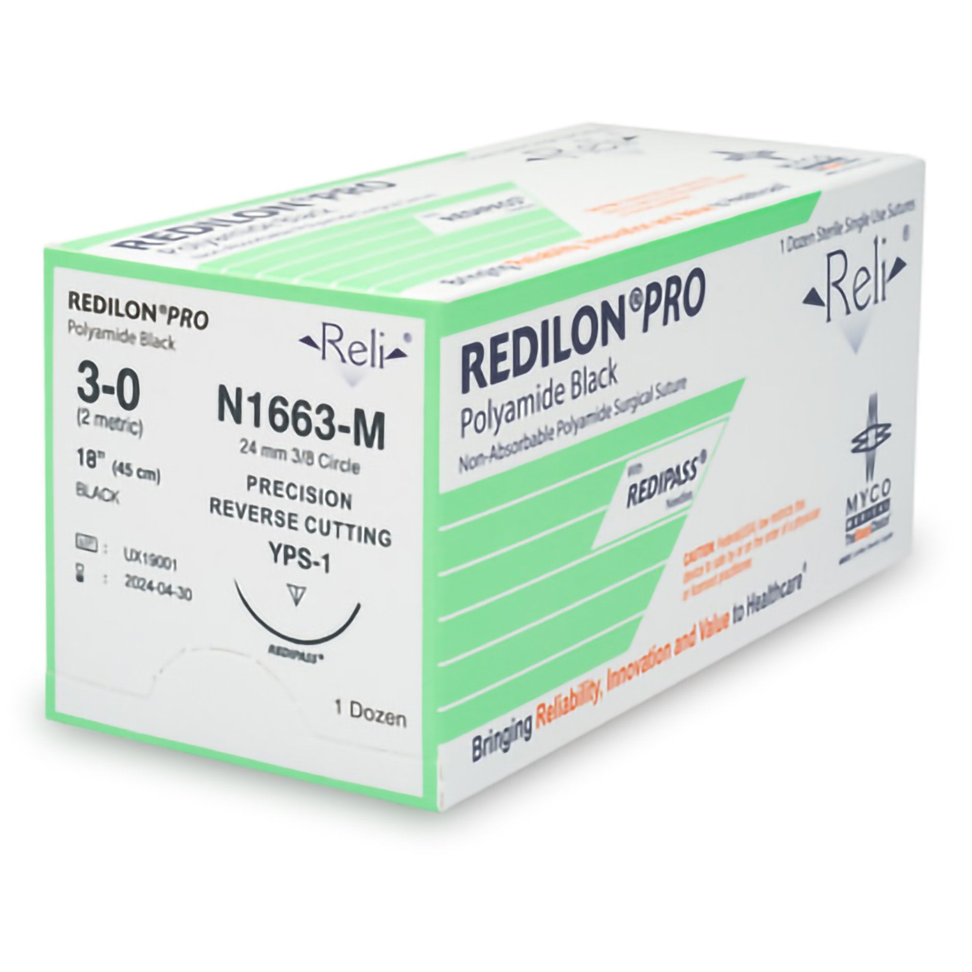 Myco Reli® Pro Redilon Suture, Black Monofilament, 3-0, 18", Needle YPS-1