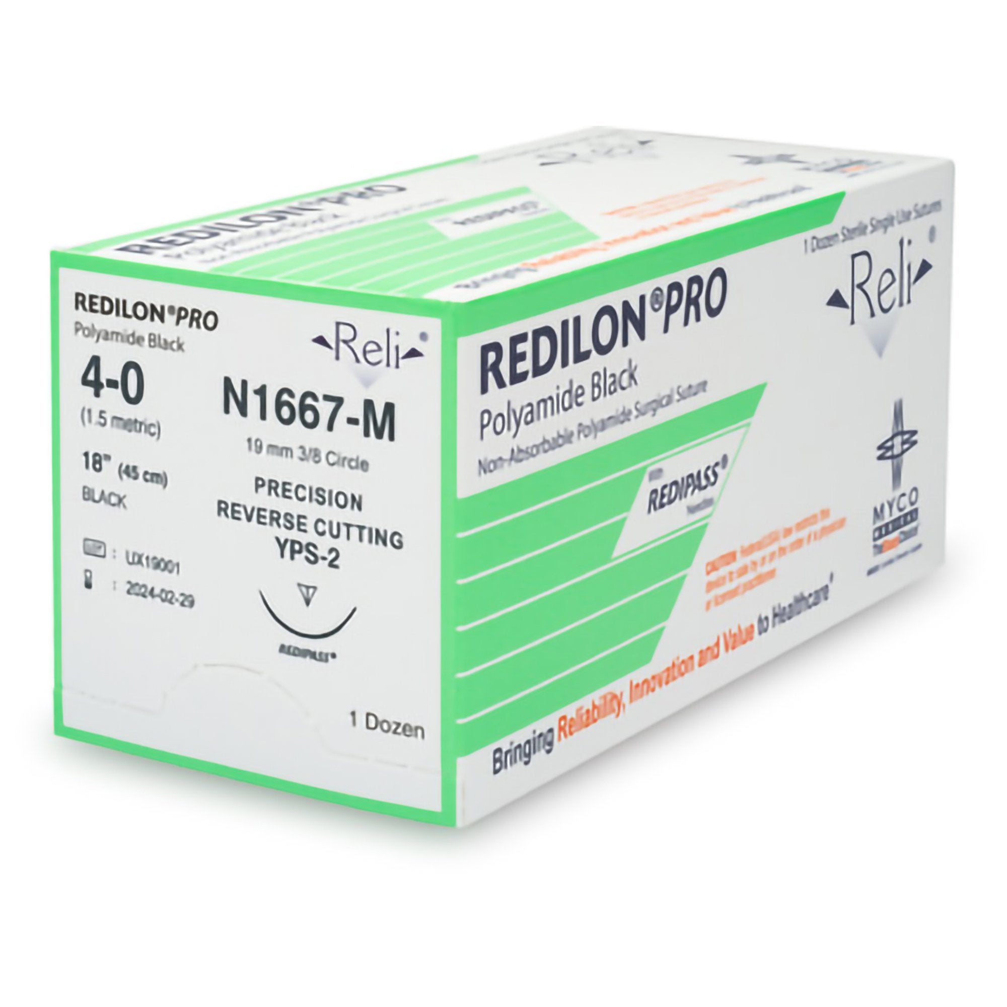 Myco Reli® Pro Redilon Suture, Black Monofilament, 4-0, 18", Needle YPS-2