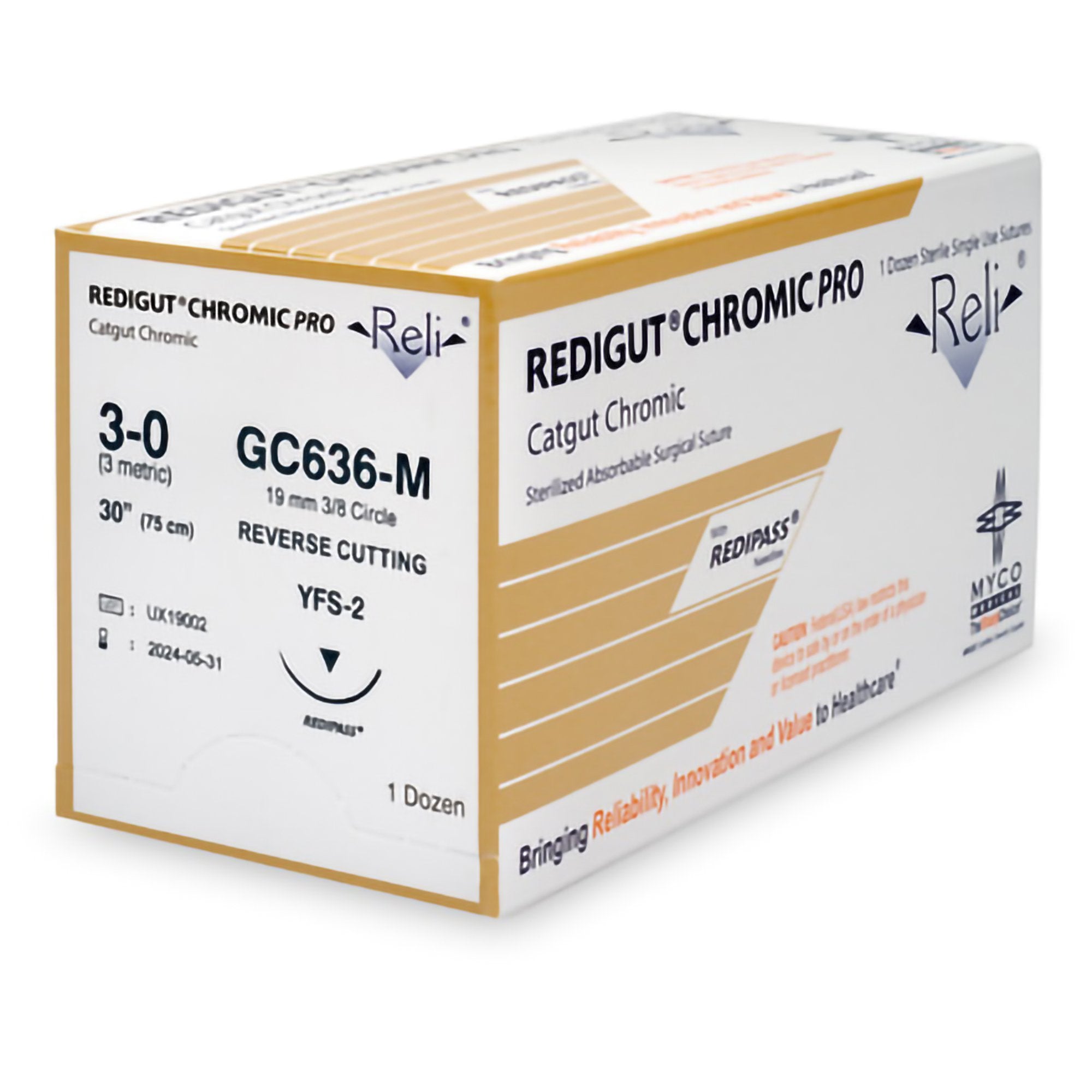 Myco Reli® Pro Suture, Redigut®, Chromic Gut, Absorbable, Natural, 3-0, 30", Needle YFS-2